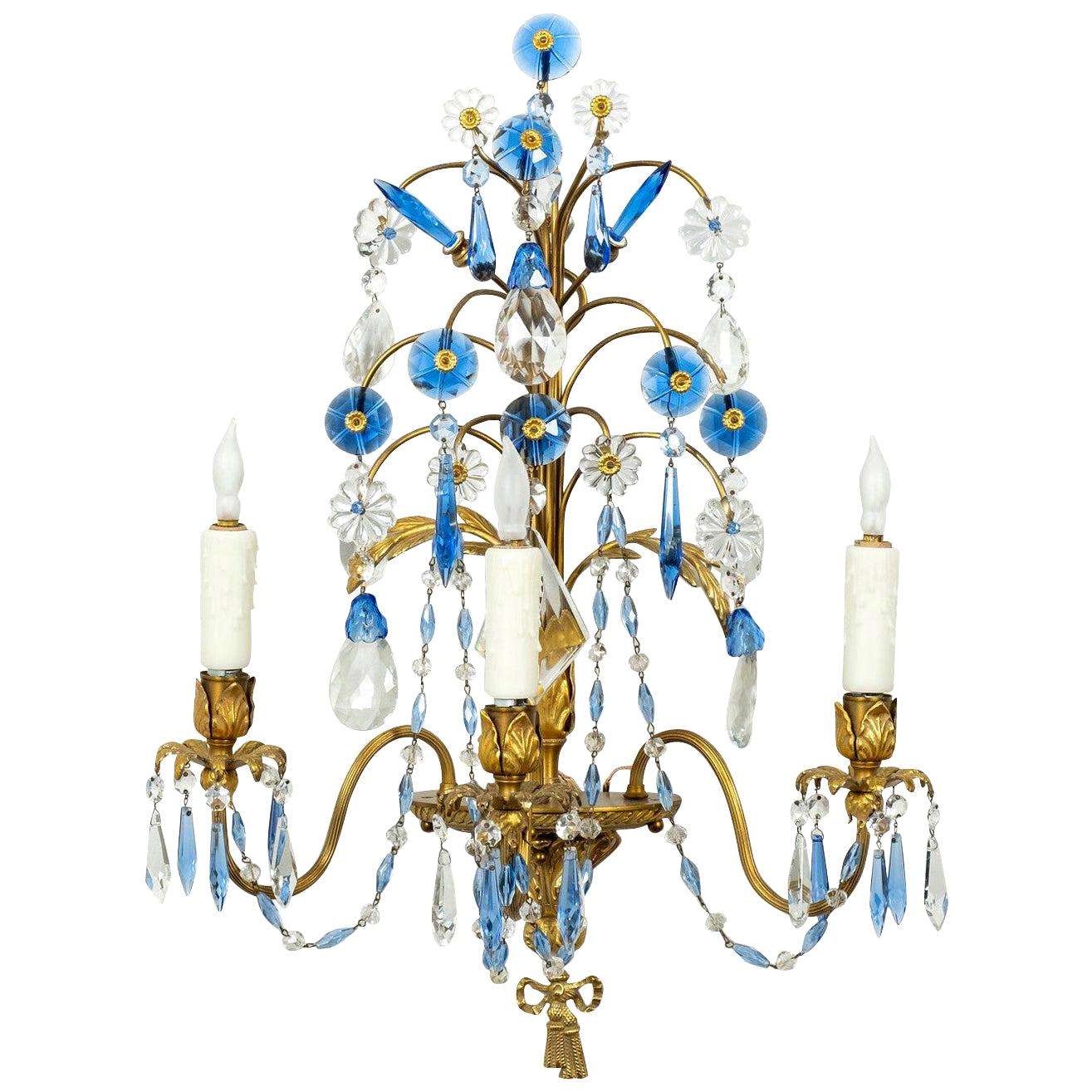 Jansen Style Bronze Sconces with Cornflower Blue and Clear Crystals