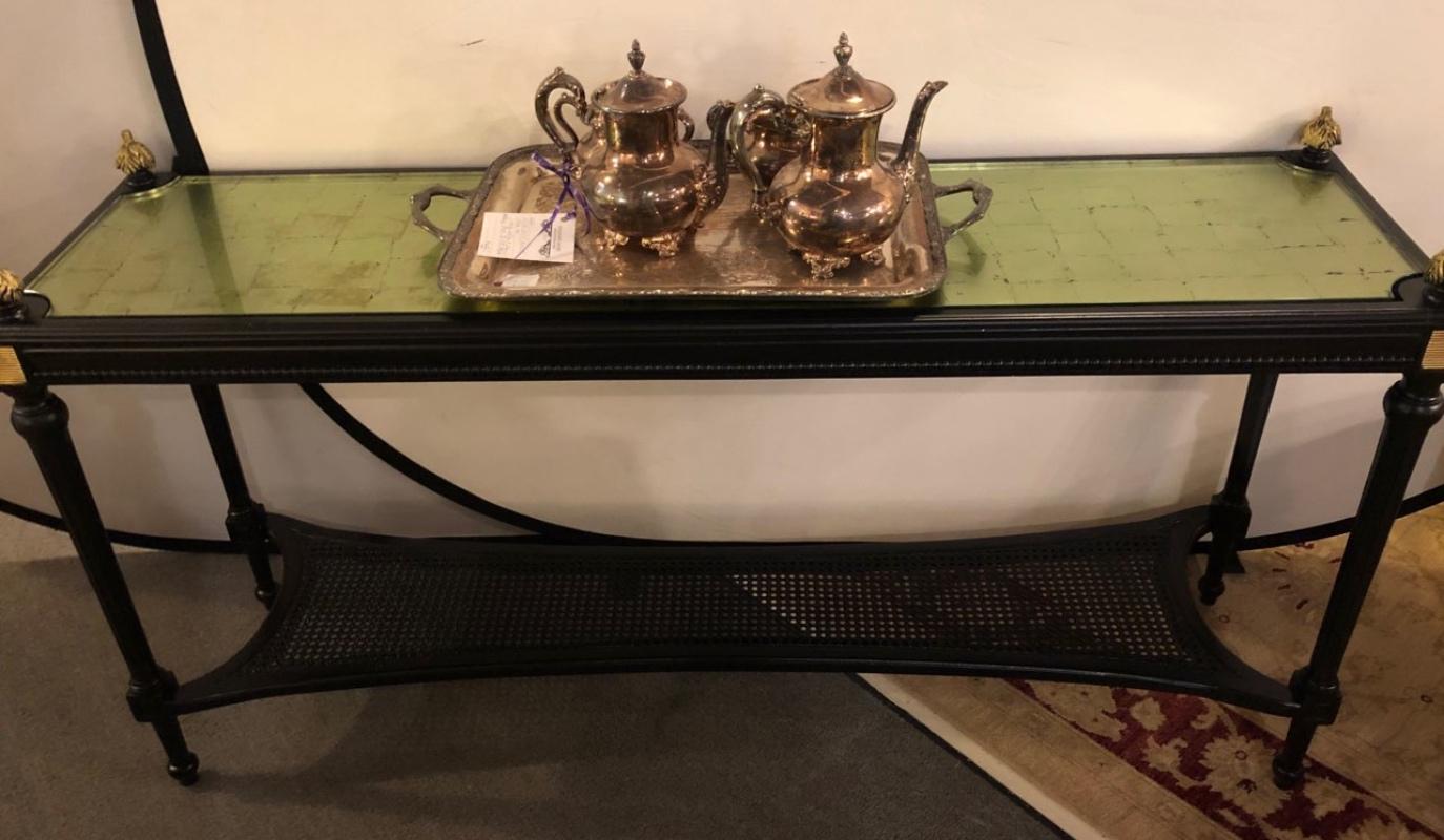 Jansen Style Console Table Louis XVI Hollywood Regency Ebony and Gilt Decorated In Good Condition In Plainview, NY