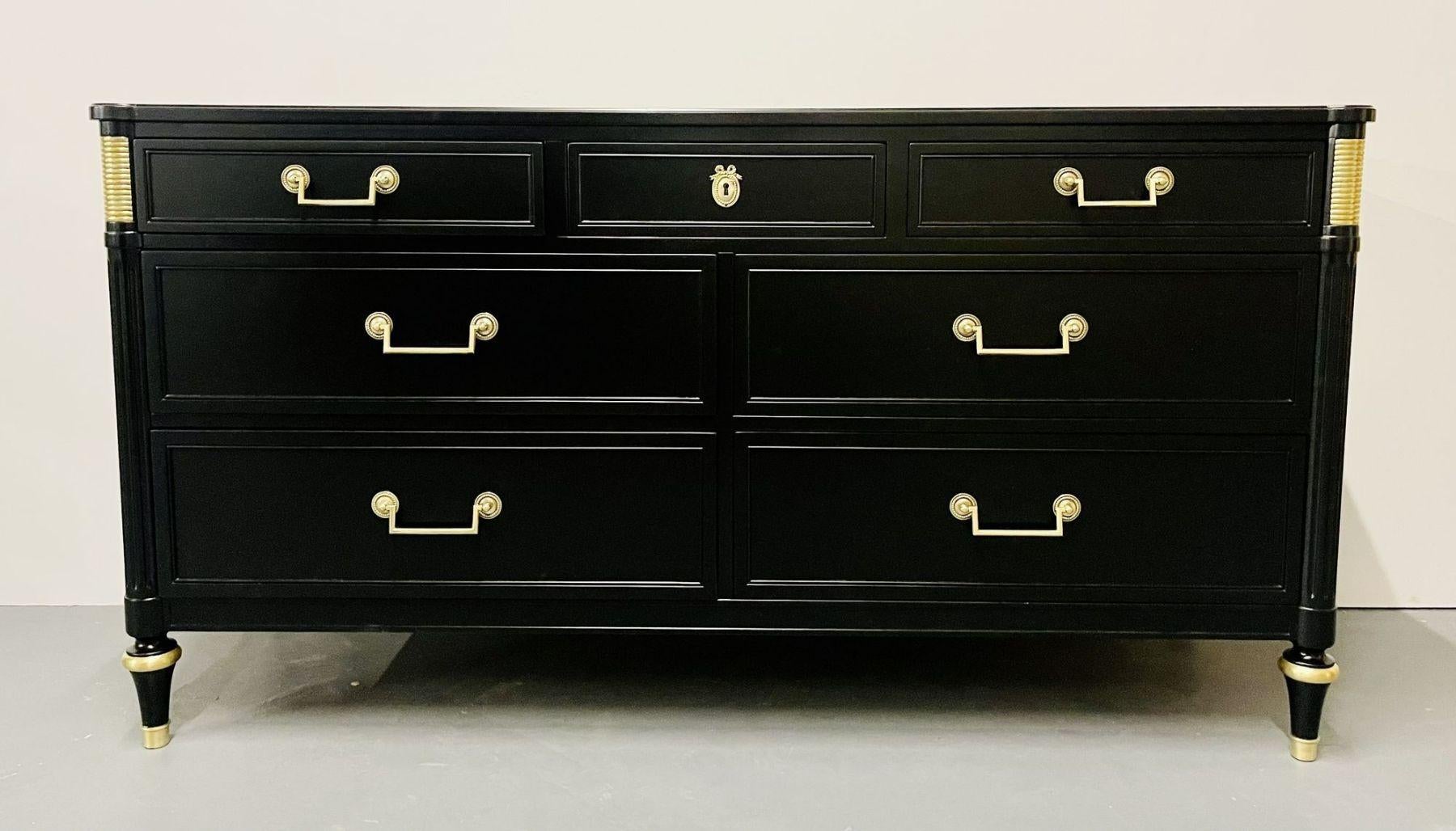 Jansen style ebony Hollywood Regency dresser/sideboard, black satin, bronze, 
Maison Jansen Style Transitional dresser making for a perfect addition to either a traditional or a mid-century interior; newly painted with a premium black satin finish.