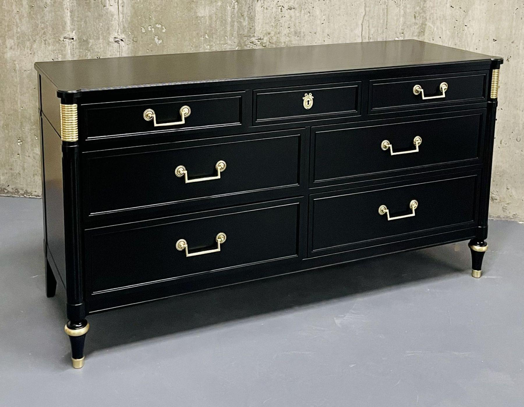 Jansen Style Ebony Hollywood Regency Dresser/Sideboard, Black Satin, Bronze,  In Good Condition In Stamford, CT