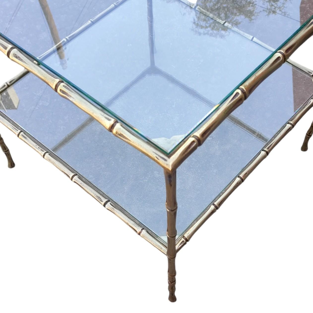 Jansen Style Faux Bamboo Gilt Bronze Glass Top Coffee Cocktail Table In Fair Condition For Sale In Ciudad Autónoma Buenos Aires, AR