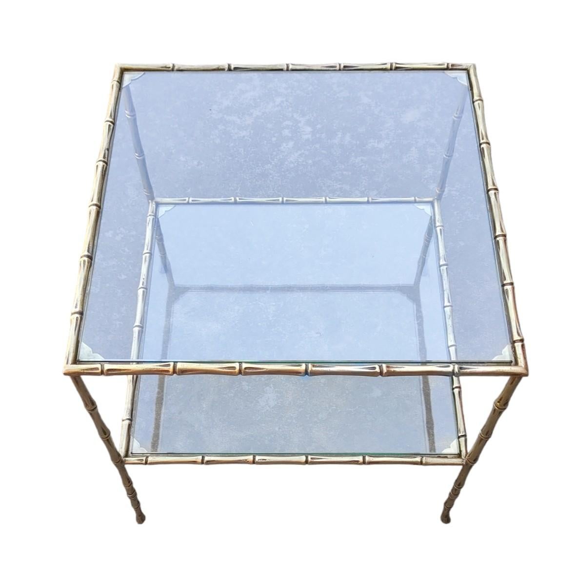 Bronze Table basse de style Jansen en faux bambou avec plateau en verre et bronze doré en vente