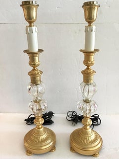 Jansen Style Gilt Bronze and Clear Glass Table Lamps, a Pair