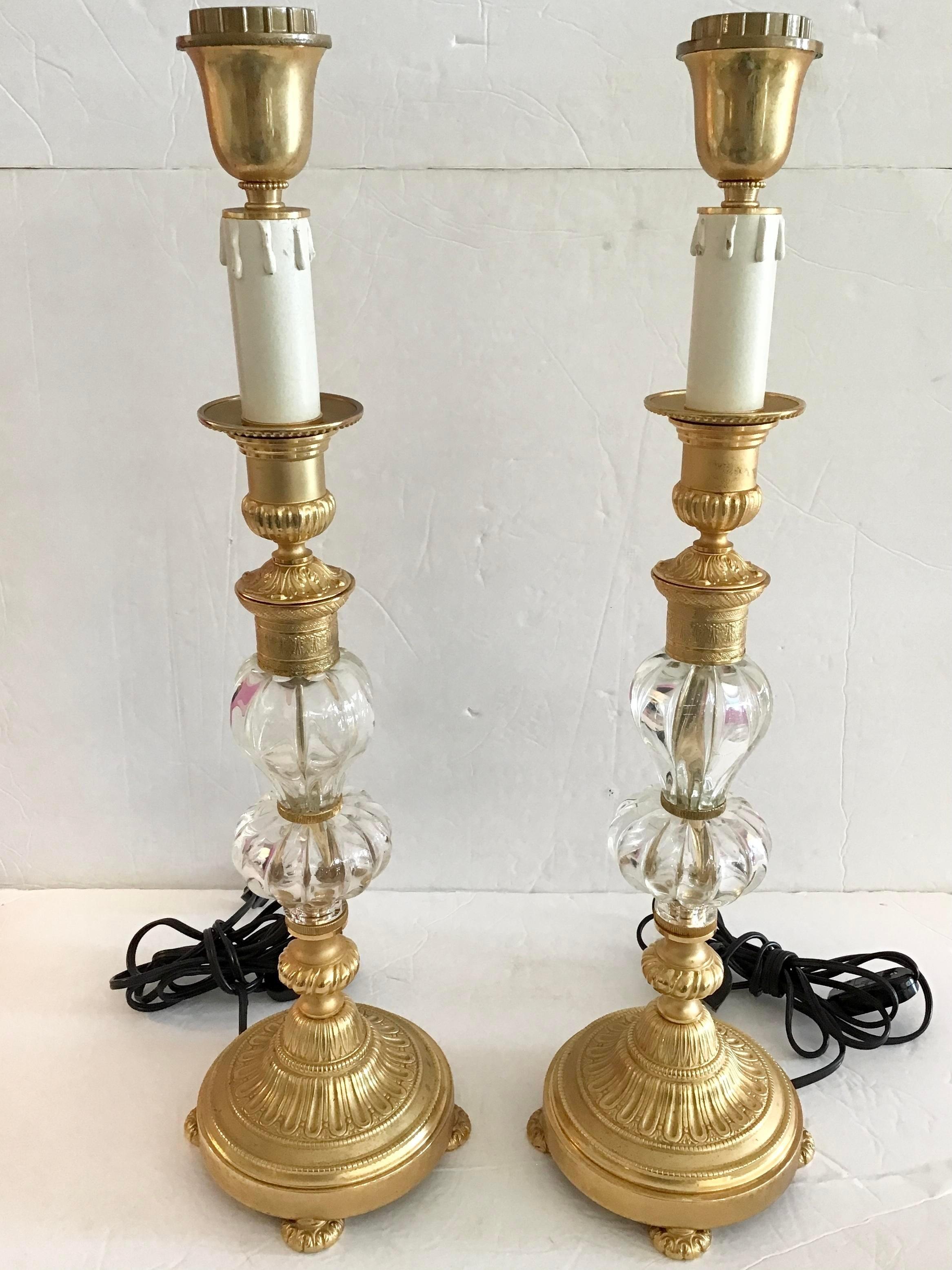 French Provincial Jansen Style Gilt Bronze and Clear Glass Table Lamps, a Pair For Sale