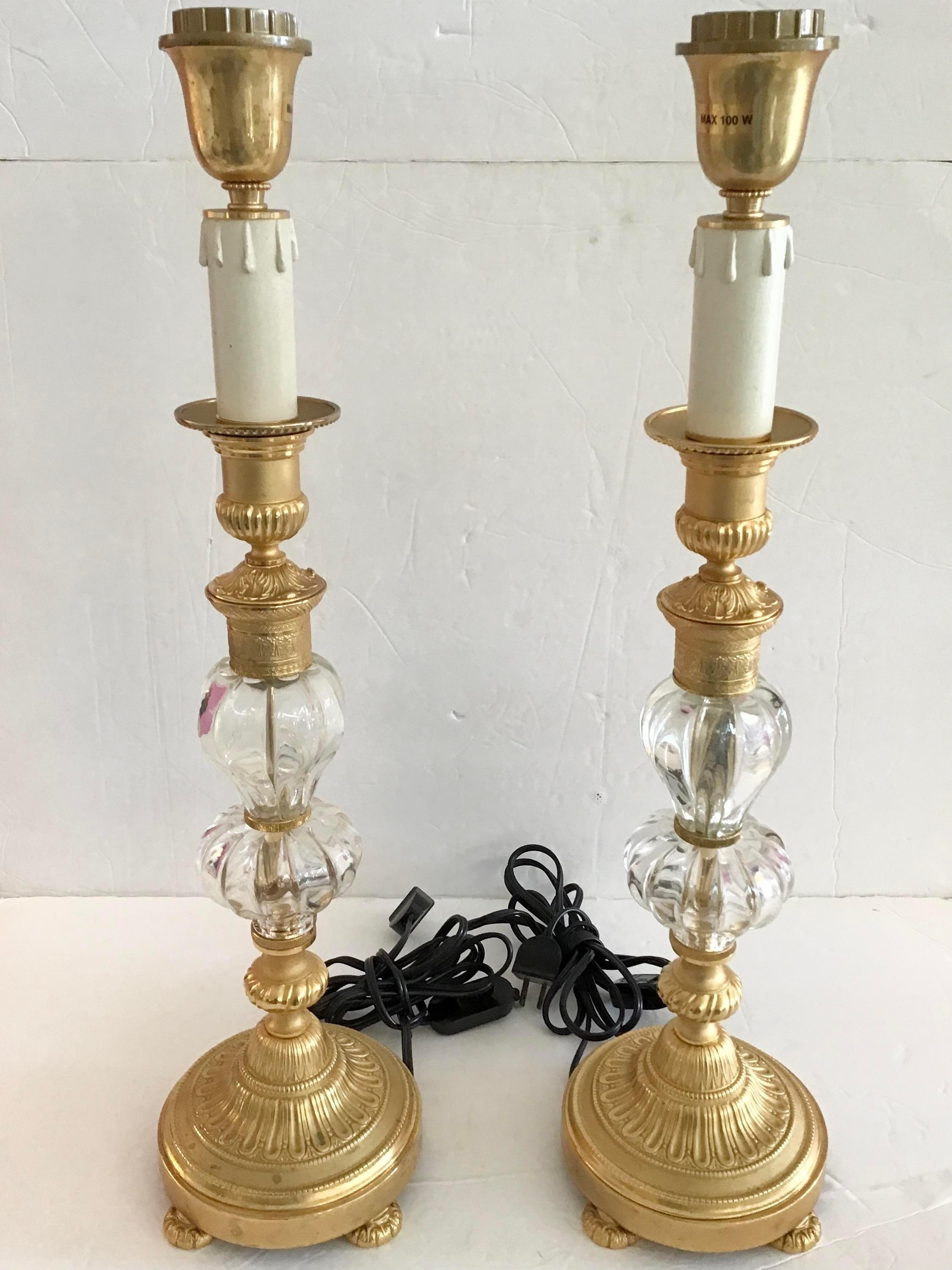 French Jansen Style Gilt Bronze and Clear Glass Table Lamps, a Pair For Sale