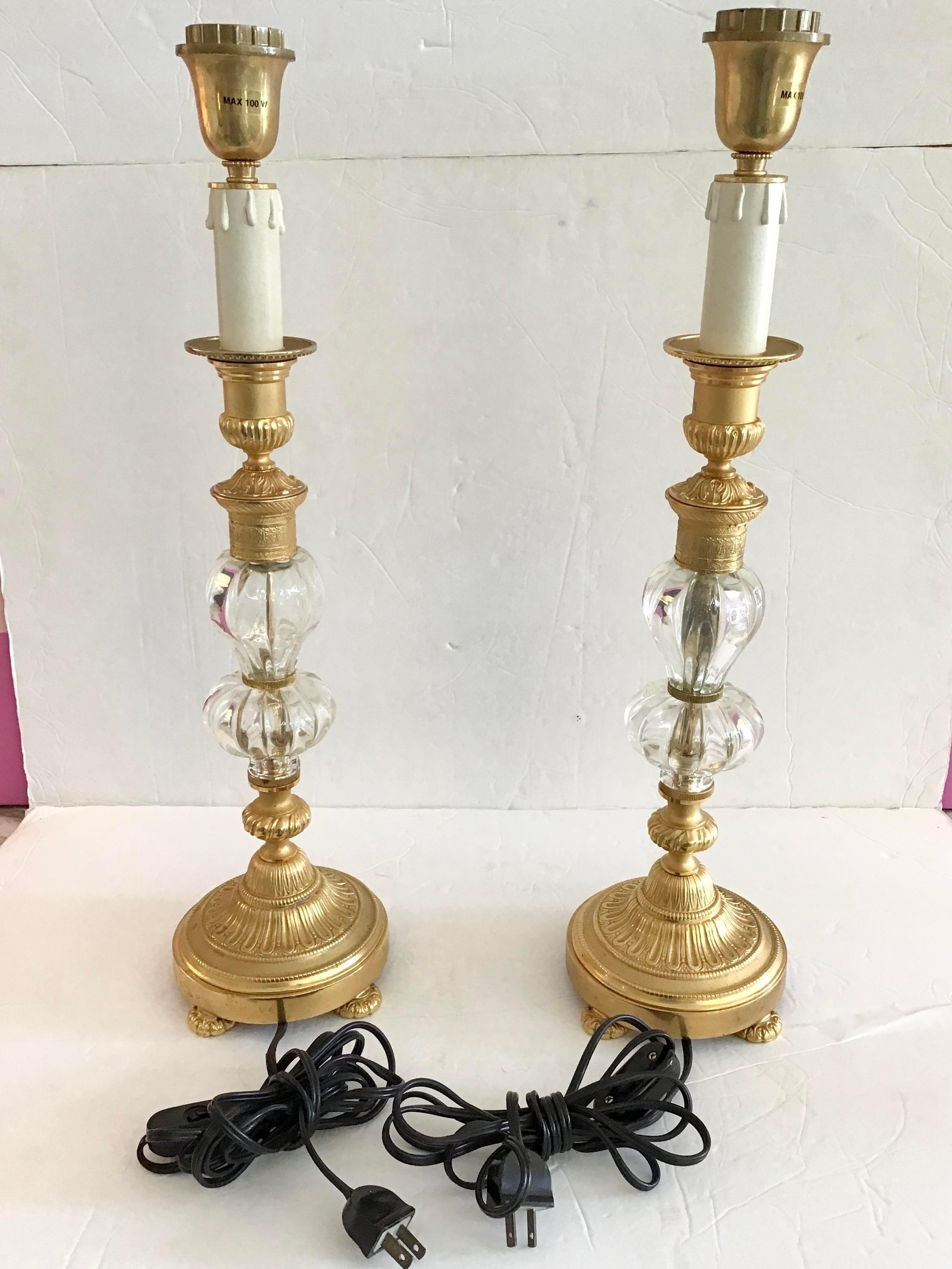 Jansen Style Gilt Bronze and Clear Glass Table Lamps, a Pair In Good Condition For Sale In Los Angeles, CA