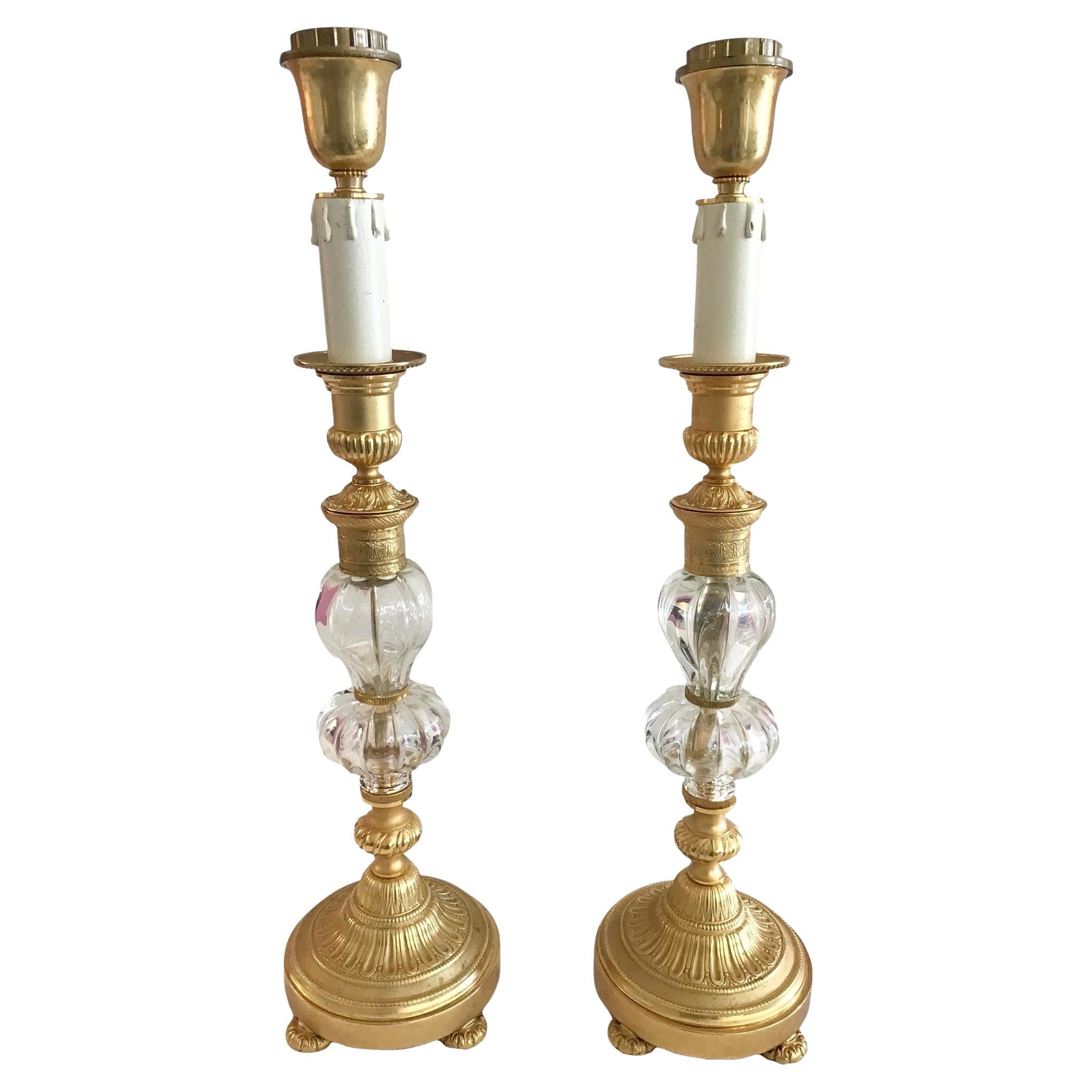 Jansen Style Gilt Bronze and Clear Glass Table Lamps, a Pair For Sale