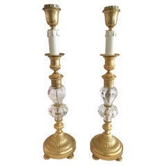Jansen Style Gilt Bronze and Clear Glass Table Lamps, a Pair