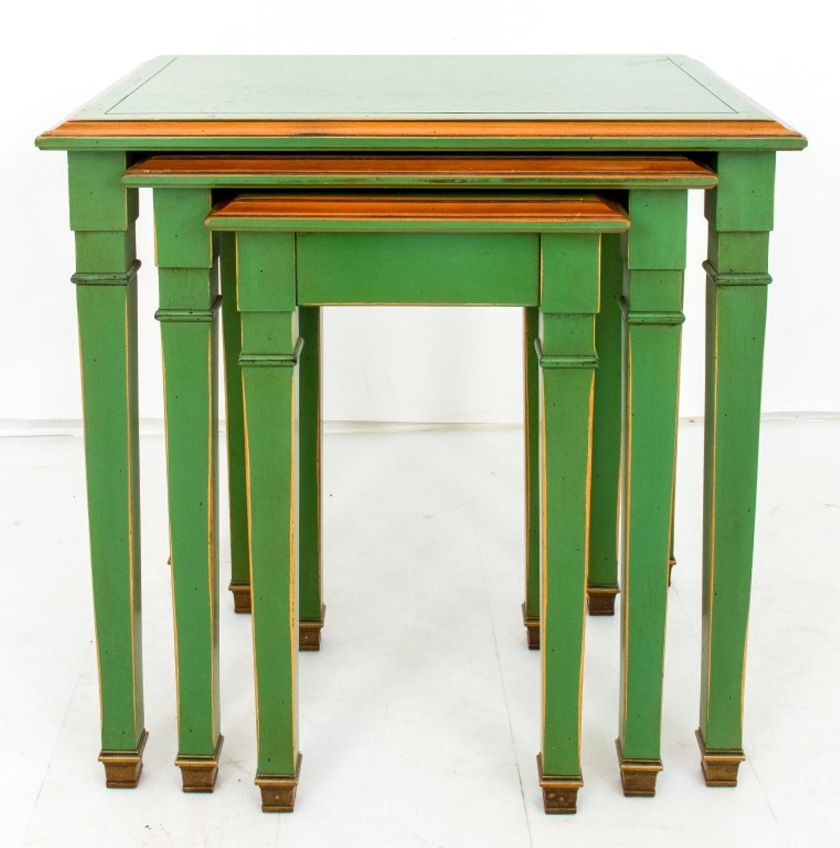 Jansen Style Green Lacquer & Gilt Nesting Tables, Set of Three In Good Condition For Sale In New York, NY