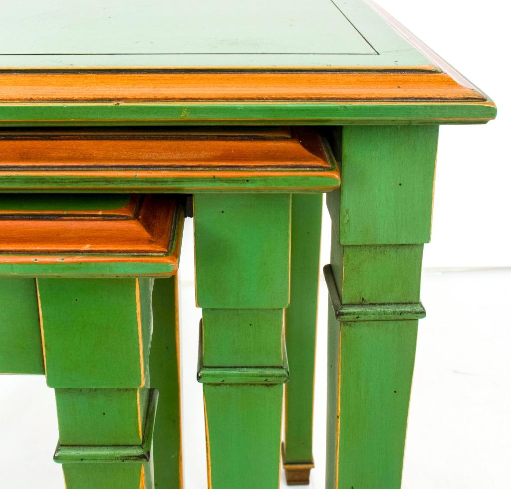 Contemporary Jansen Style Green Lacquer & Gilt Nesting Tables, Set of Three For Sale