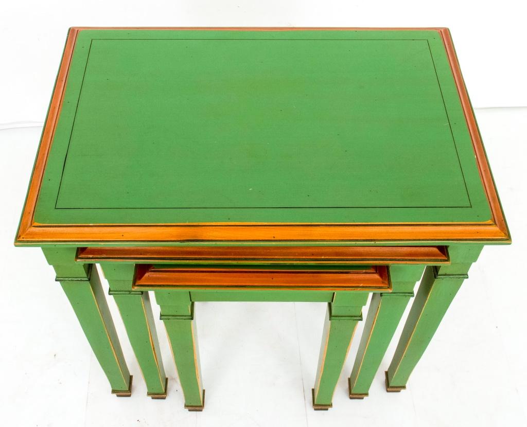 Wood Jansen Style Green Lacquer & Gilt Nesting Tables, Set of Three For Sale