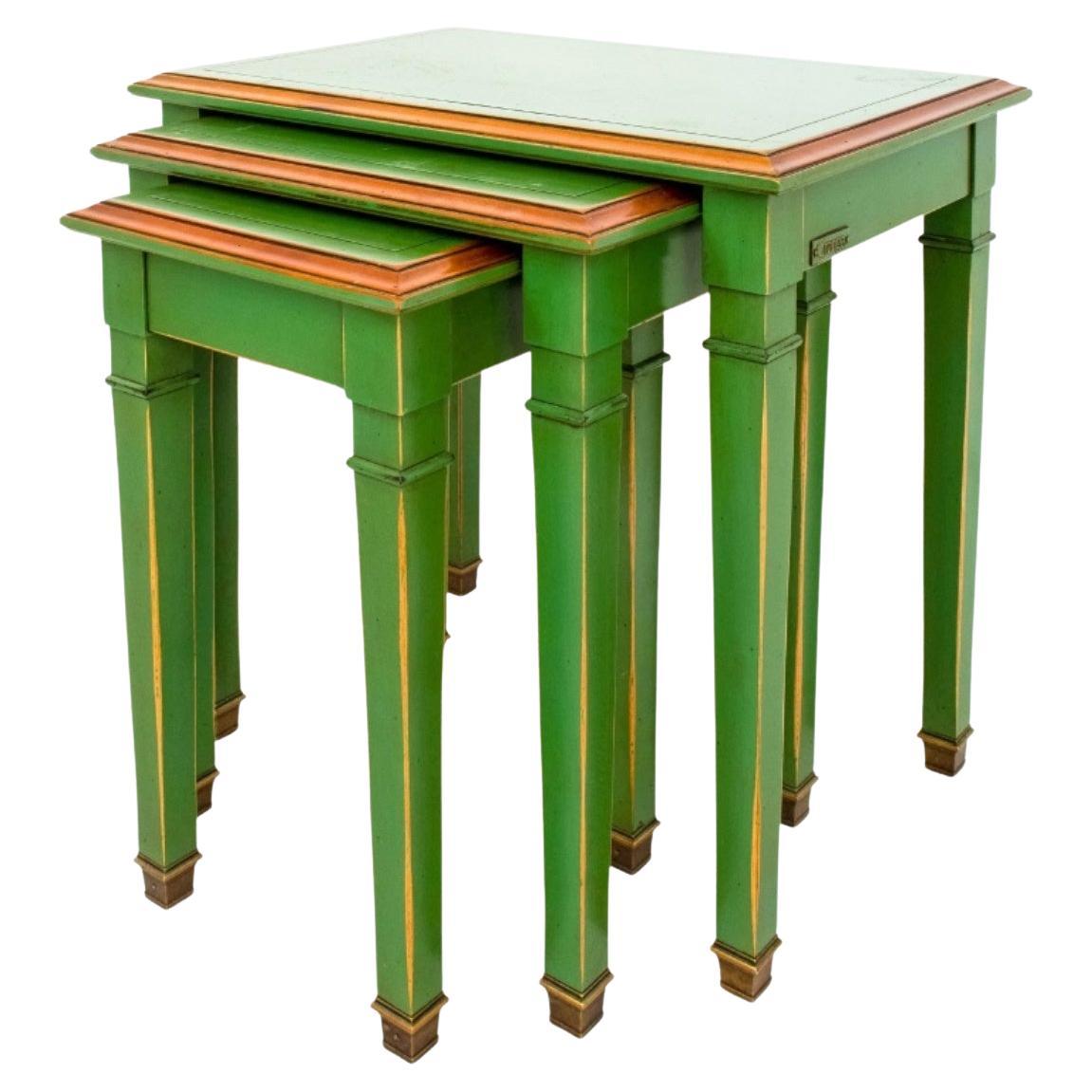 Jansen Style Green Lacquer & Gilt Nesting Tables, Set of Three