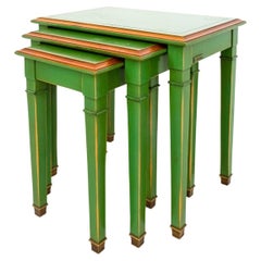 Jansen Style Green Lacquer & Gilt Nesting Tables, Set of Three