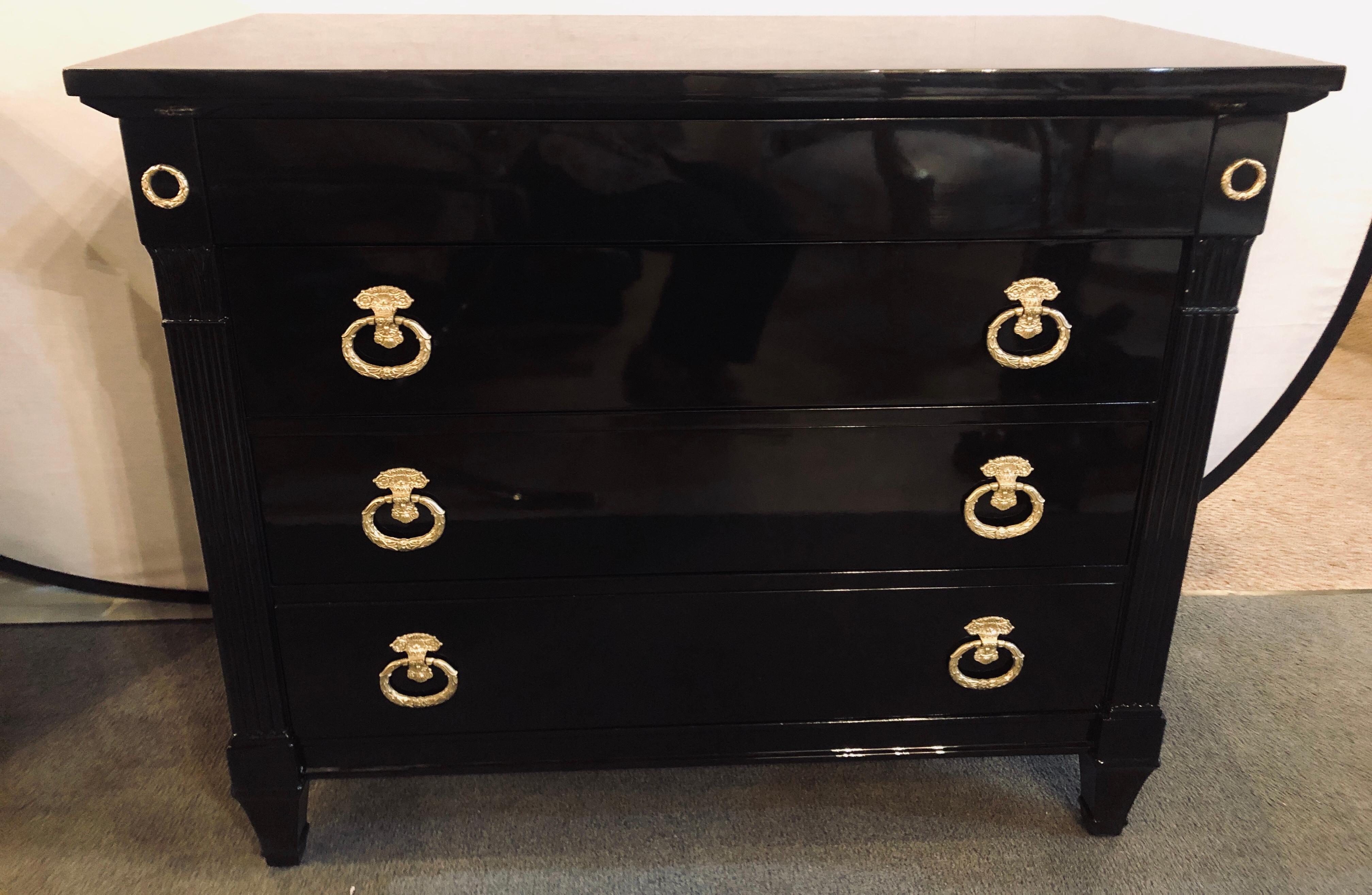 Mid-20th Century Pair of Jansen Style Hollywood Regency Ebony Commodes, Chests or Nightstands