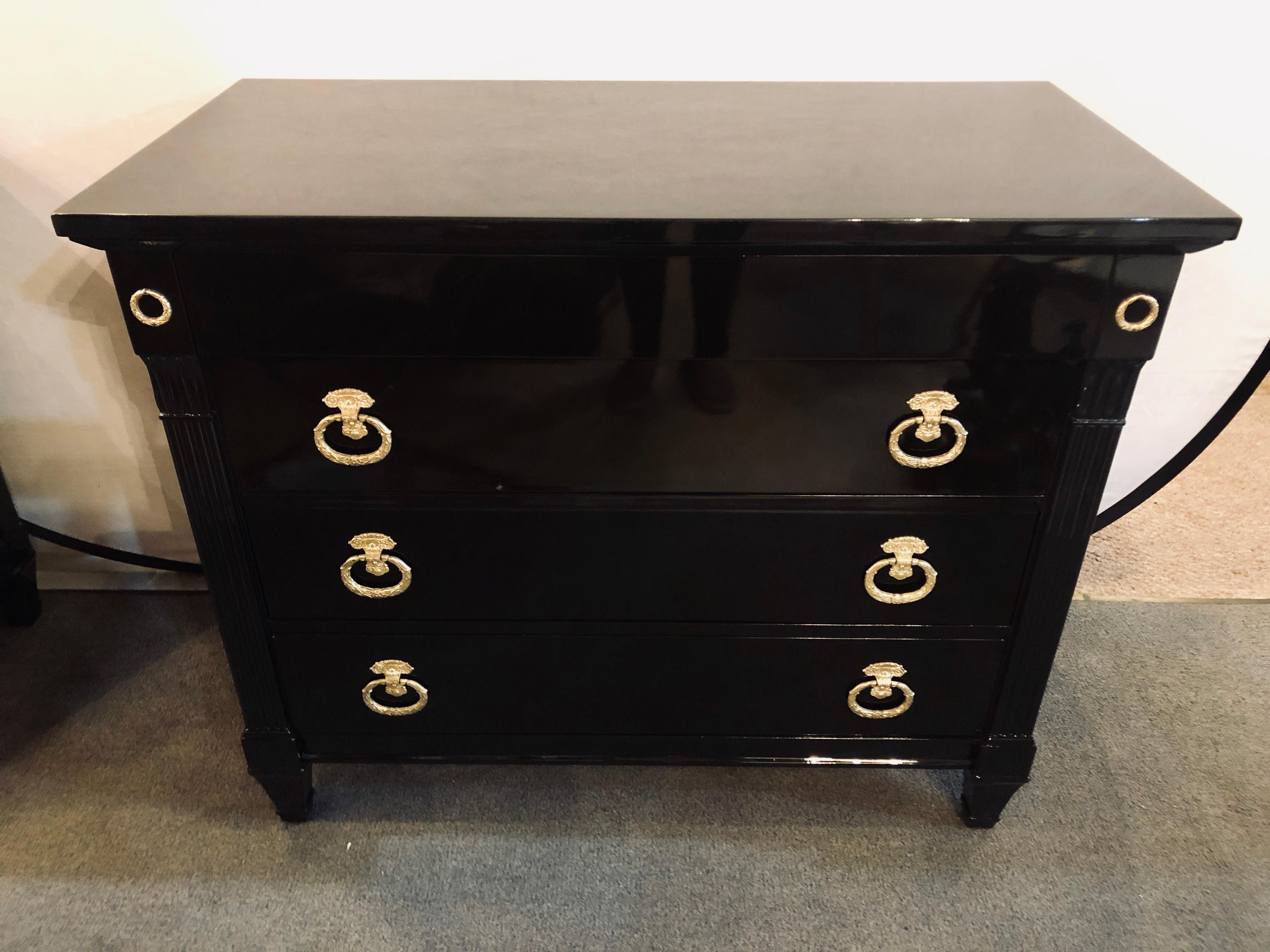 Bronze Pair of Jansen Style Hollywood Regency Ebony Commodes, Chests or Nightstands