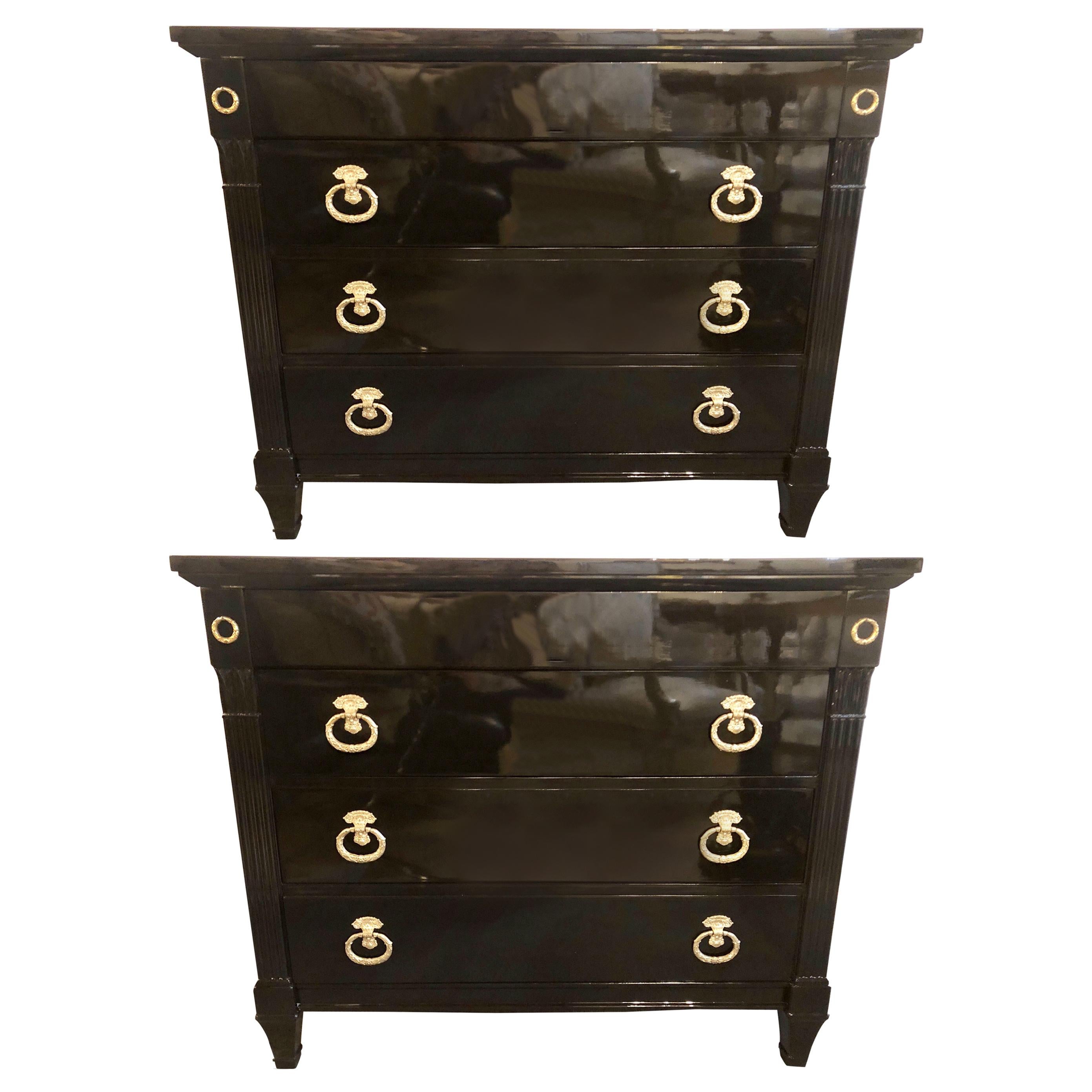 Pair of Jansen Style Hollywood Regency Ebony Commodes, Chests or Nightstands
