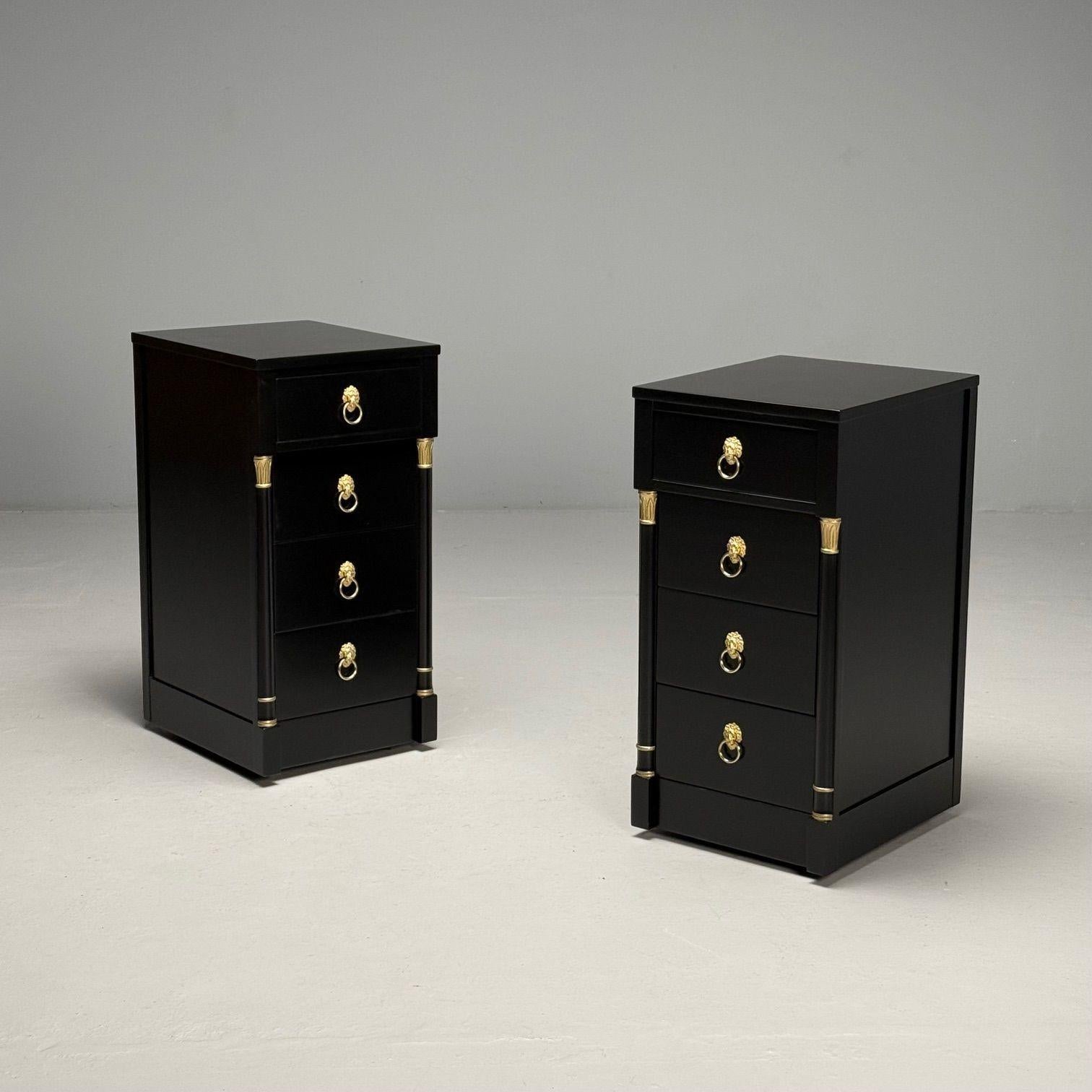 Hollywood Regency, Nightstands, Chests, Ebony Finish, Bronze, 1940s, Maison Jansen Style

Pair of 1940s Ebony Four-Drawer Nightstands/Chests This elegant pair of nightstands or chests is crafted in rich ebony tone, recently refinished to restore