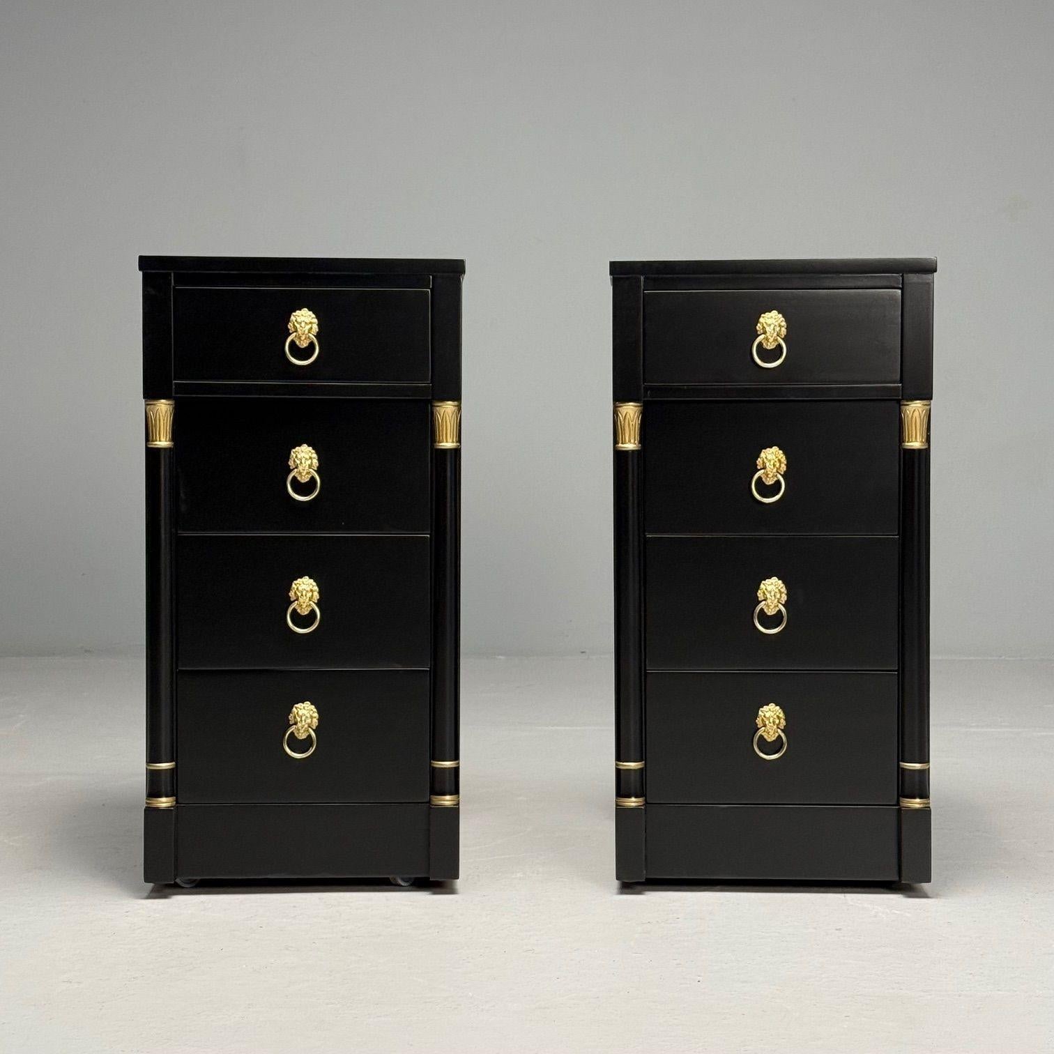 American Jansen Style, Hollywood Regency, Nightstands, Ebony Finish, Bronze, 1940s For Sale