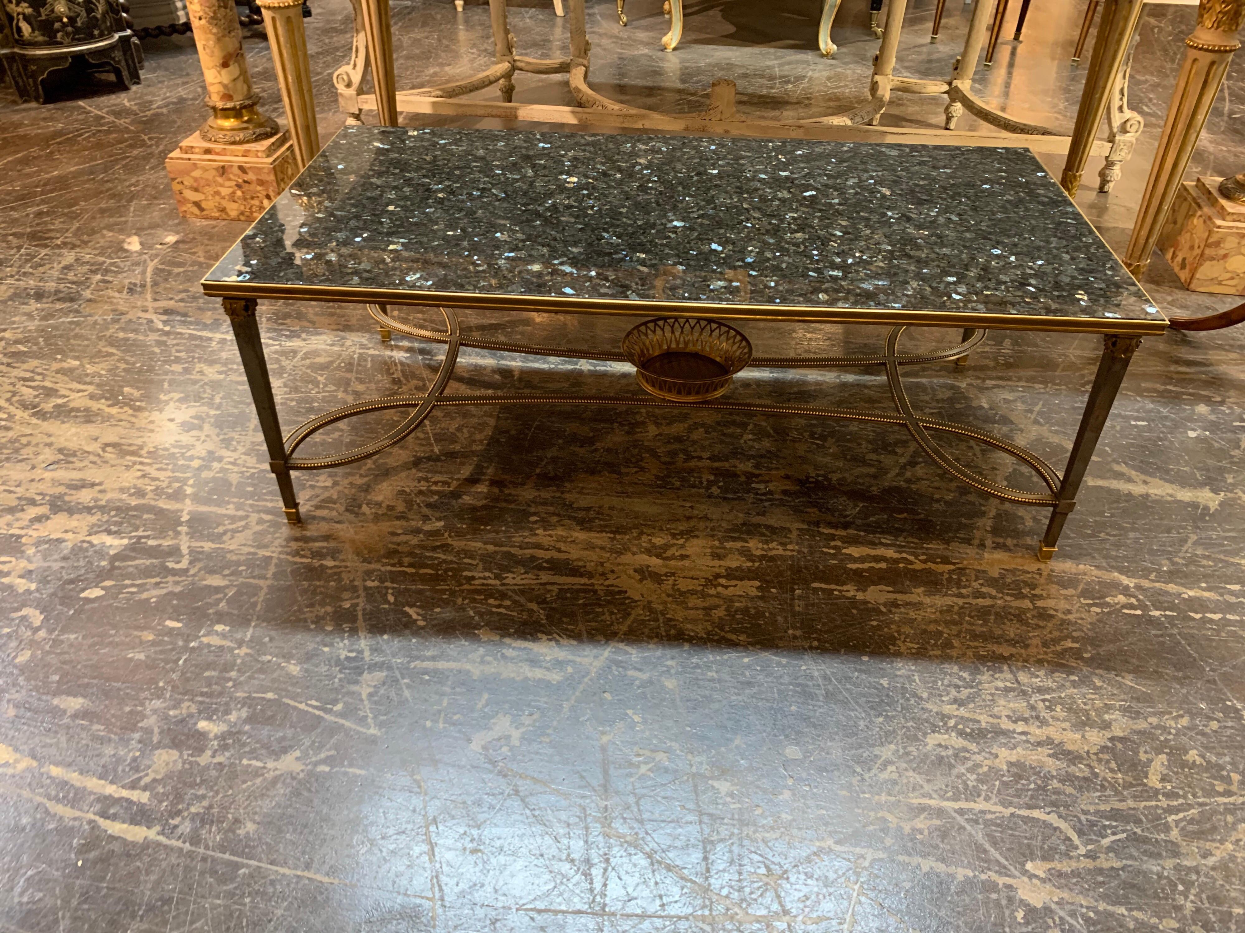 20th Century Jansen Style Midcentury Polished Steel and Bronze Low Table For Sale