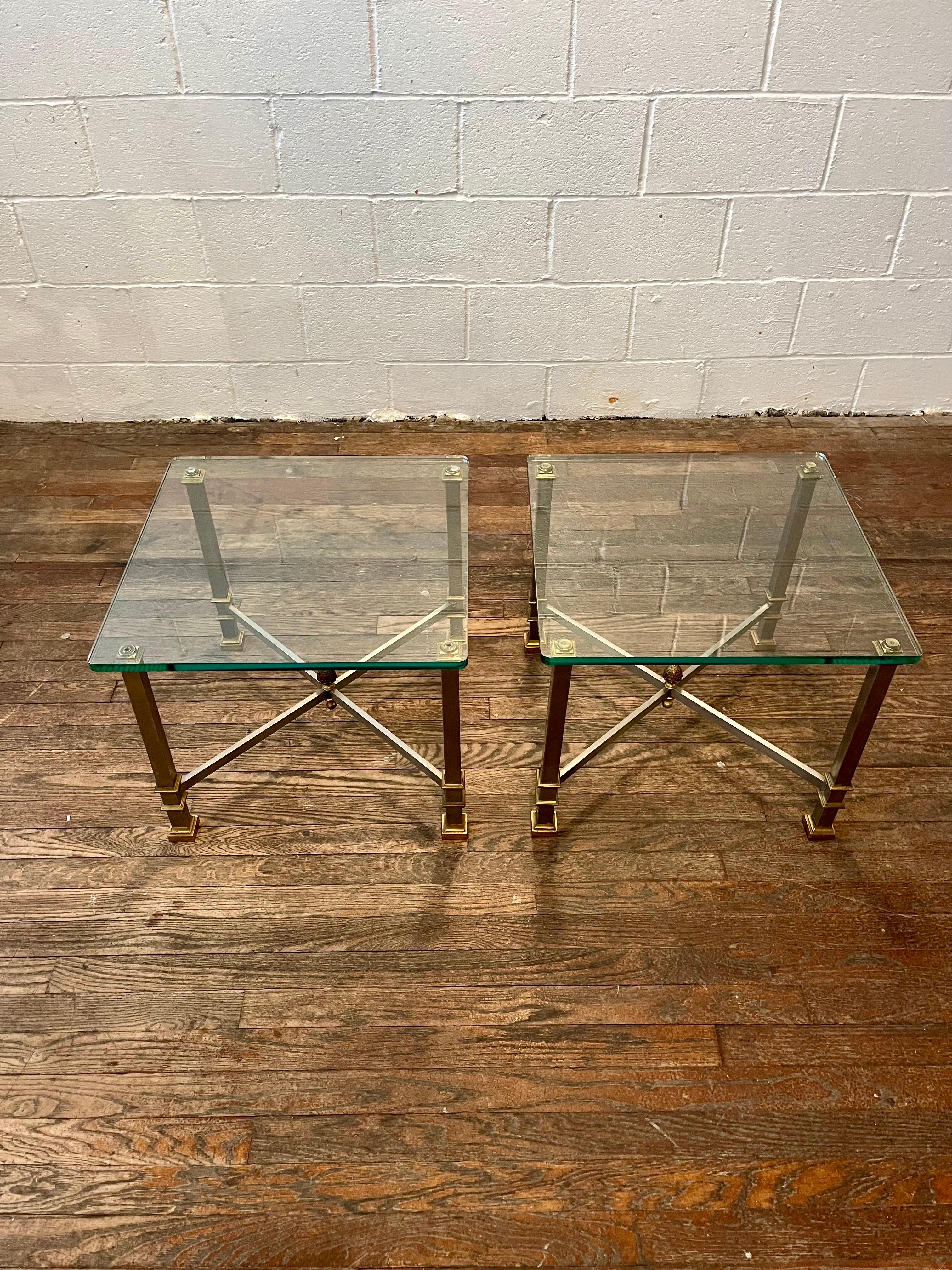 Mid-Century Modern Jansen Style Steel and Brass End Tables - a pair For Sale