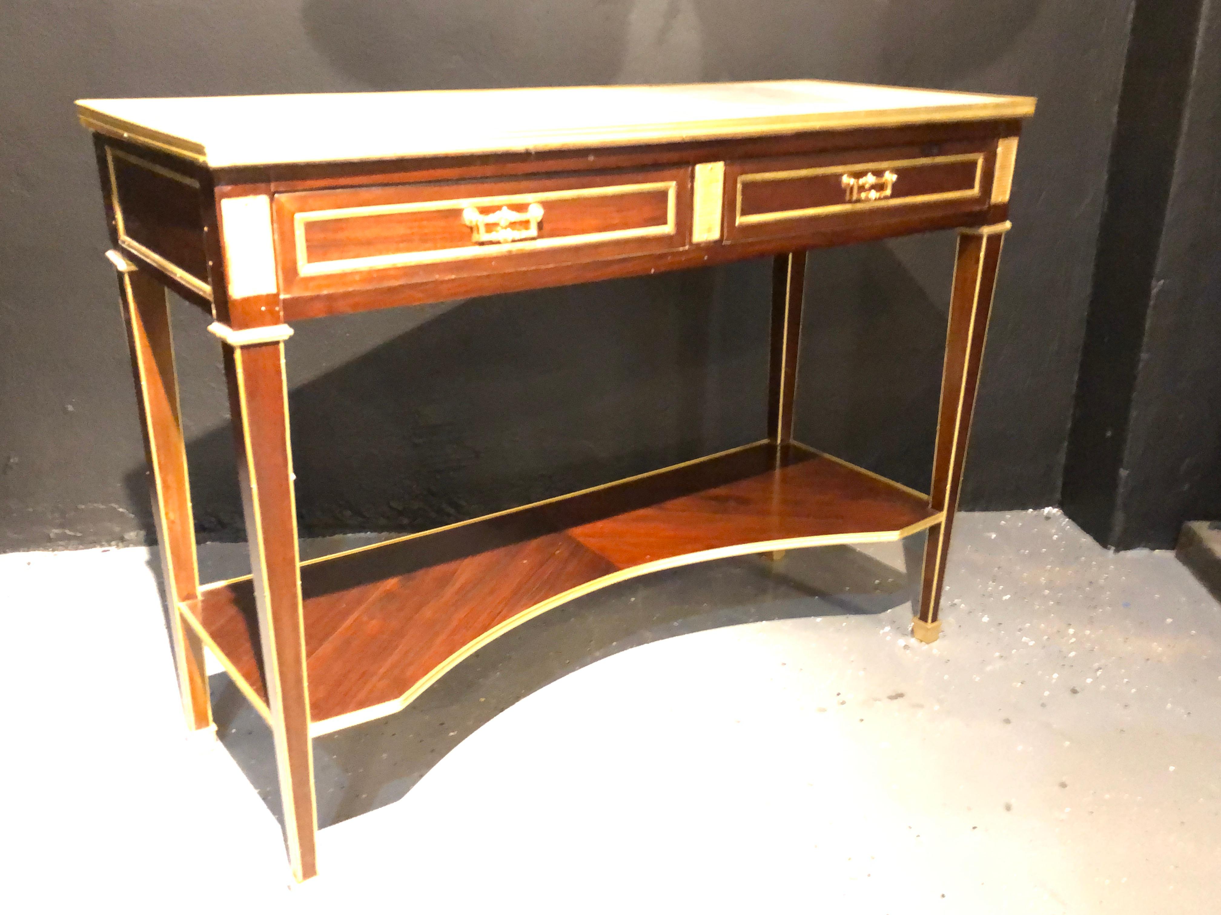 Hollywood Regency Jansen Style Two-Drawer Marble-Top Bronze Console or Serving Table For Sale