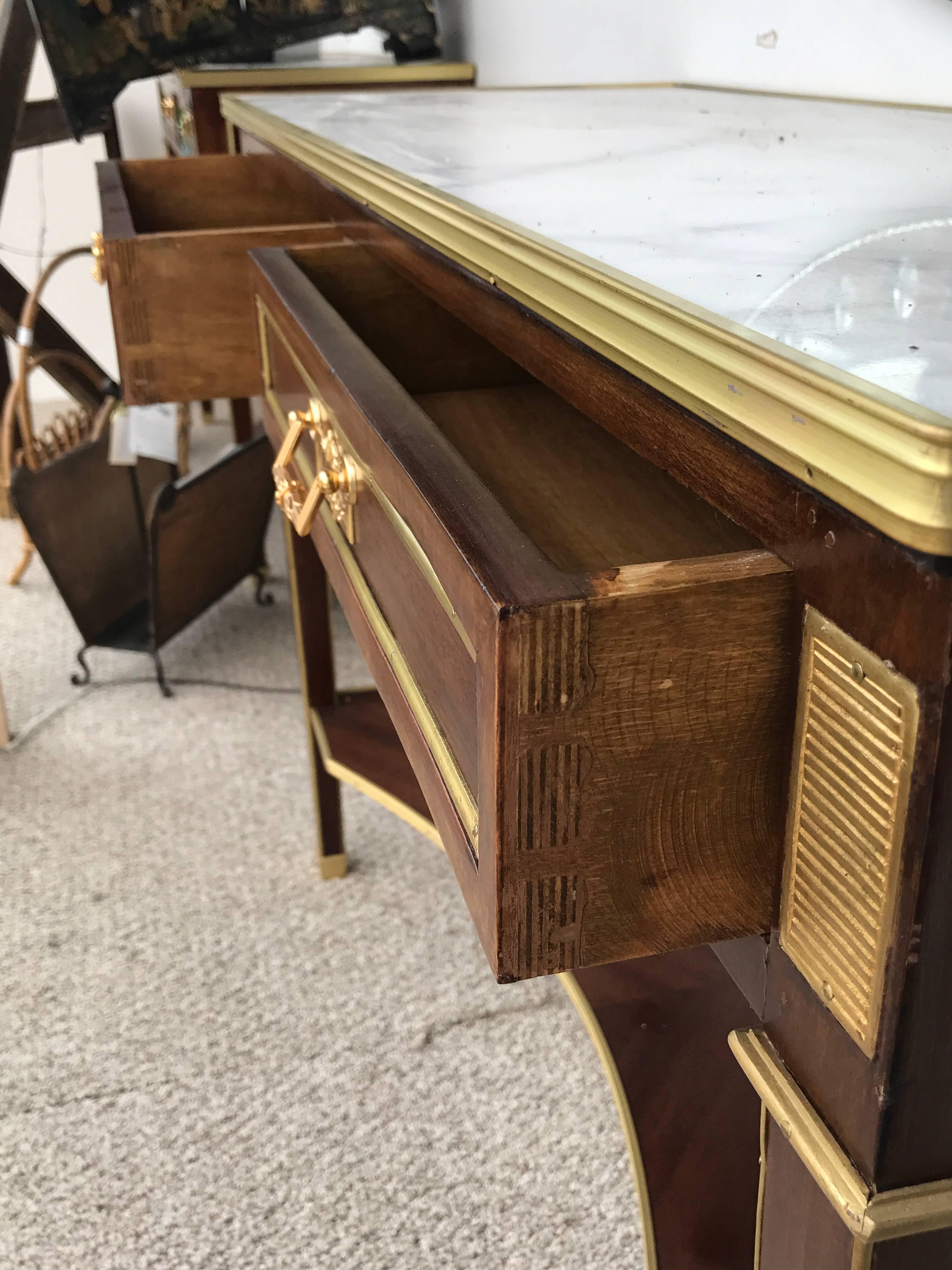 Jansen Style Two-Drawer Marble-Top Bronze Console or Serving Table In Good Condition For Sale In Stamford, CT