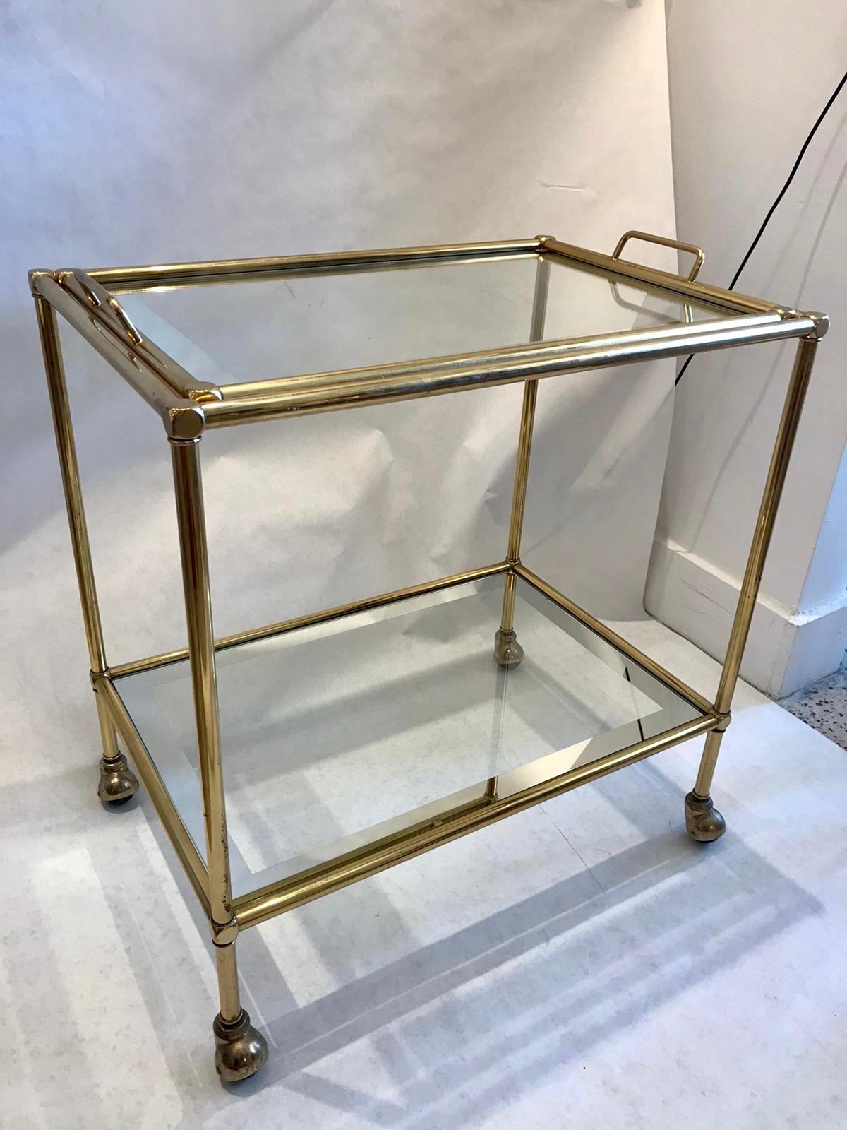 Mid-Century Modern Jansen  Two-Tiered Brass Bar Cart with Mirror Trim