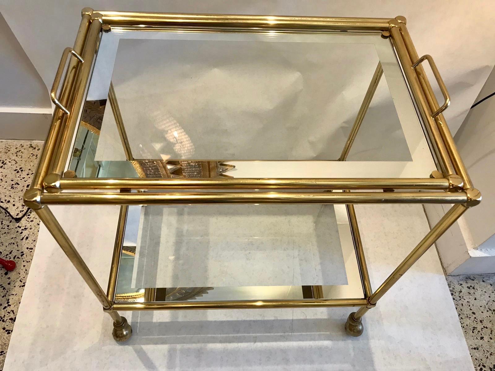 Italian Jansen  Two-Tiered Brass Bar Cart with Mirror Trim