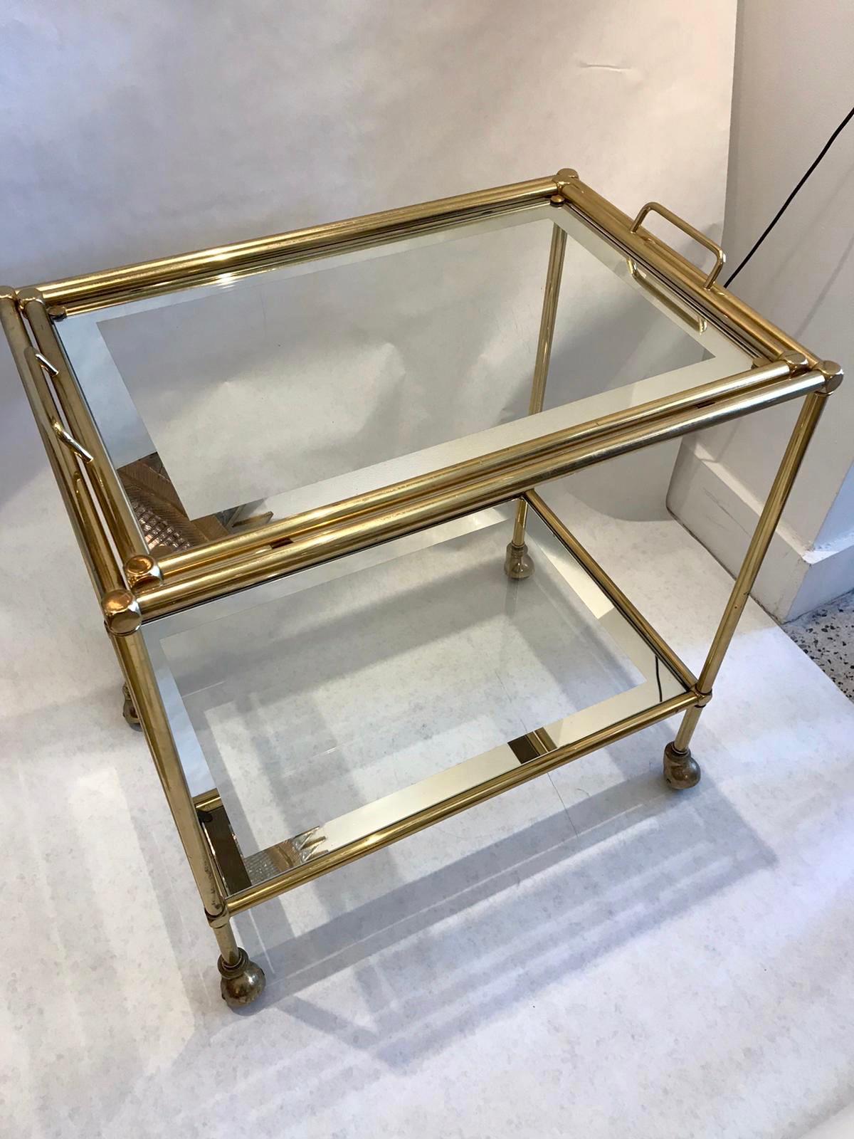 Jansen  Two-Tiered Brass Bar Cart with Mirror Trim In Good Condition In East Hampton, NY