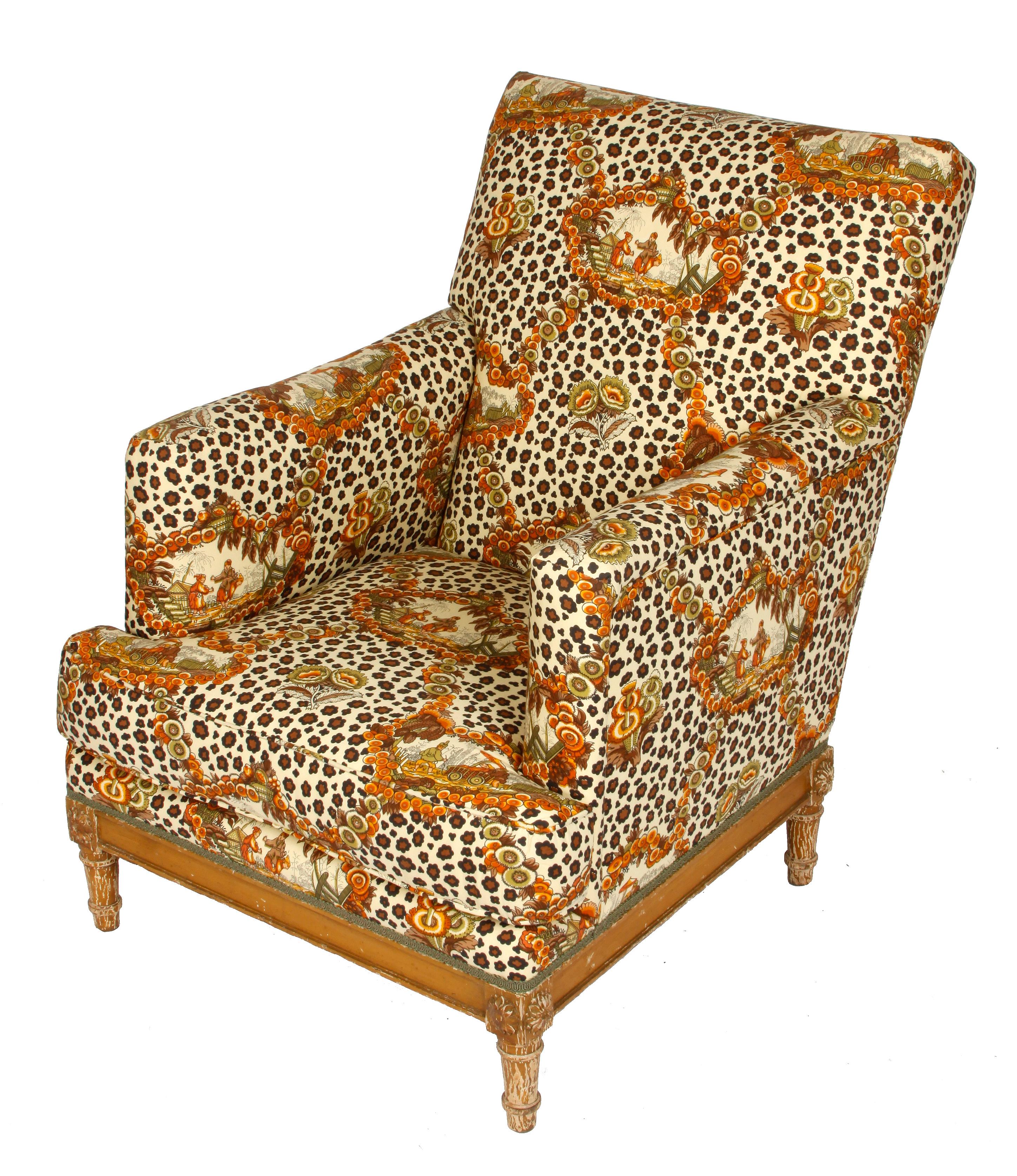 Jansen style upholstered vintage armchair in leopard design fabric with Asian scene.