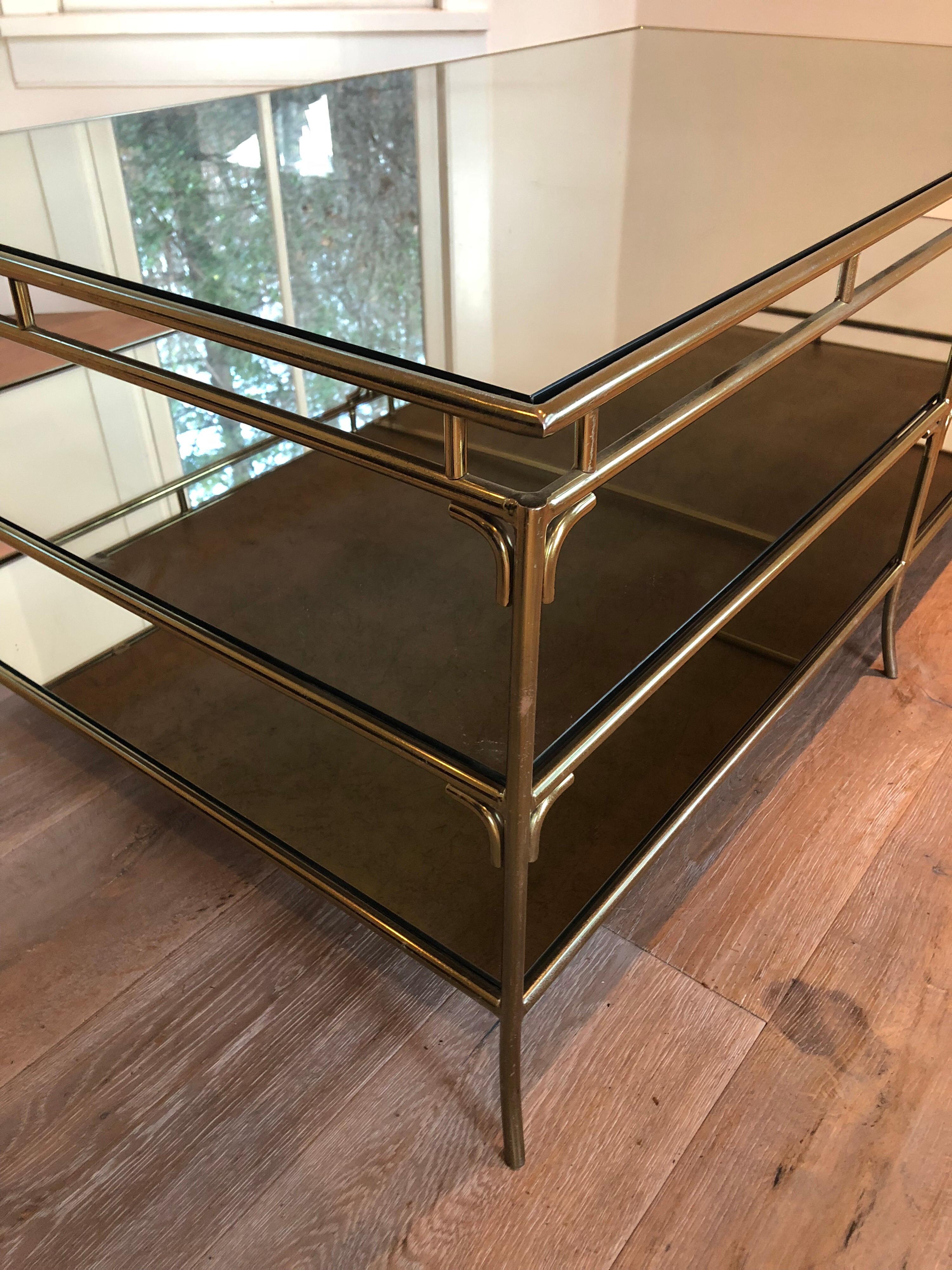 French Jansen Three-Tier Brass and Mirror Cocktail Table For Sale