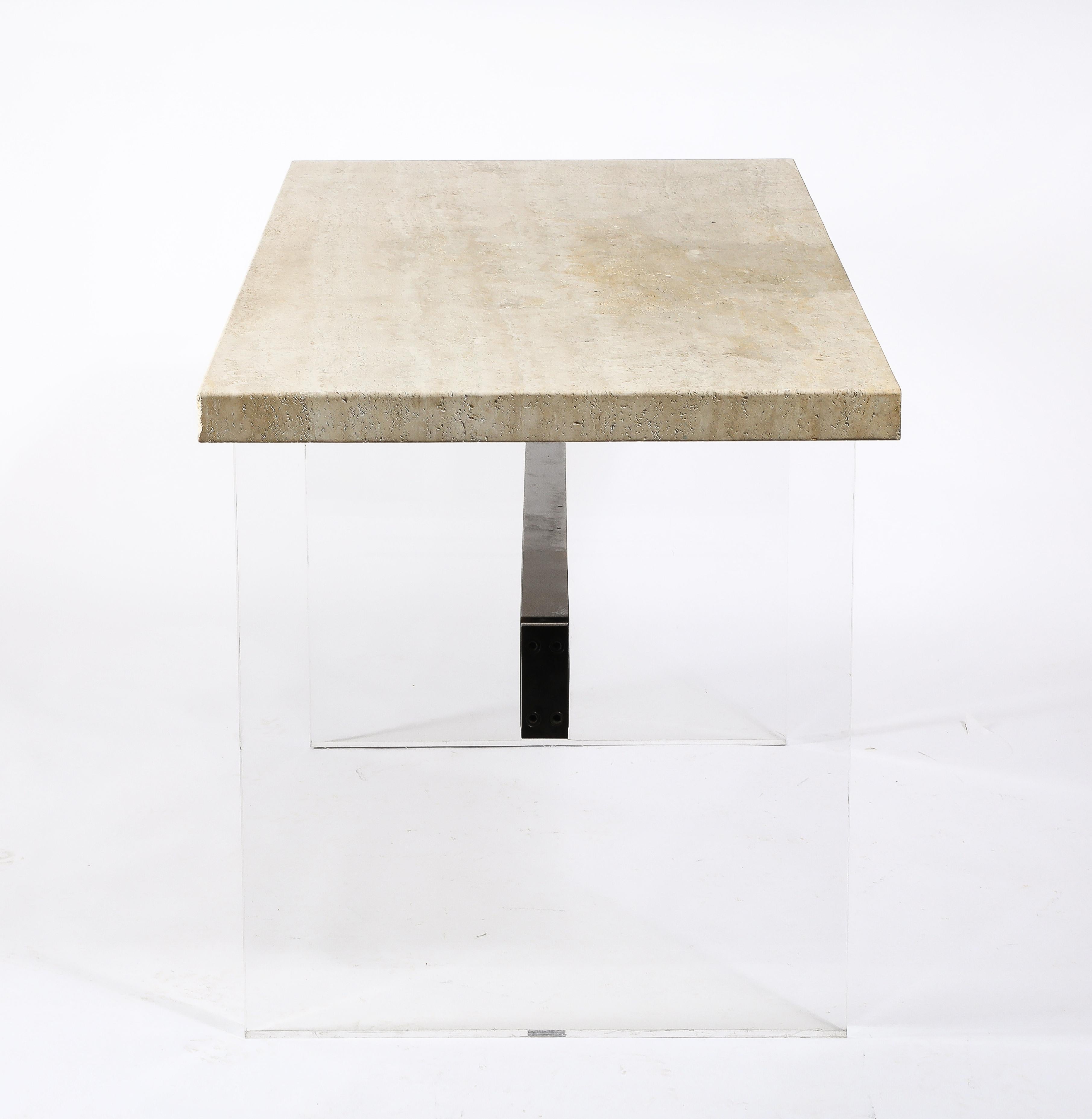 Mid-Century Modern Jansen Travertine, Bronze & Lucite Table, France 1960's For Sale