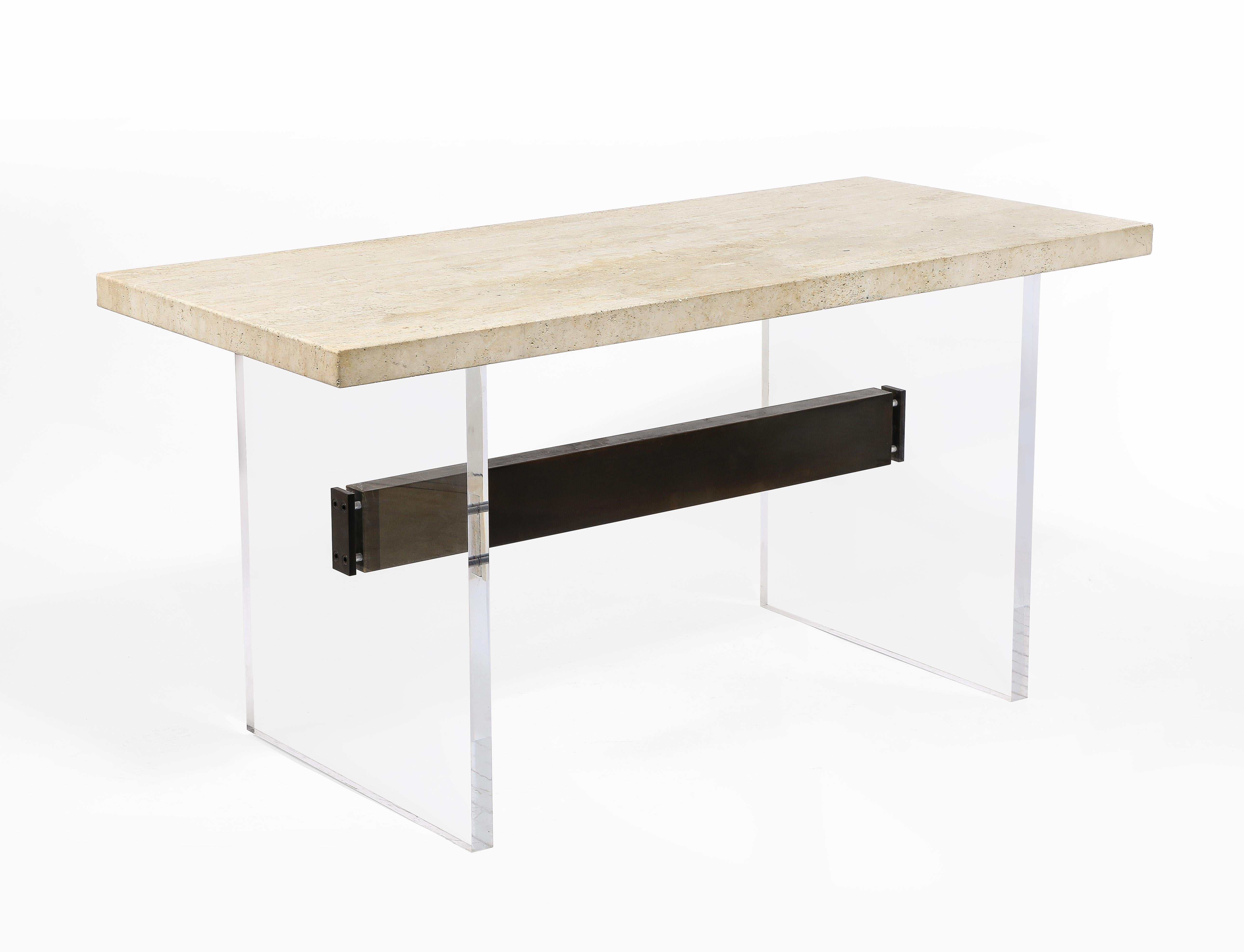 French Jansen Travertine, Bronze & Lucite Table, France 1960's For Sale