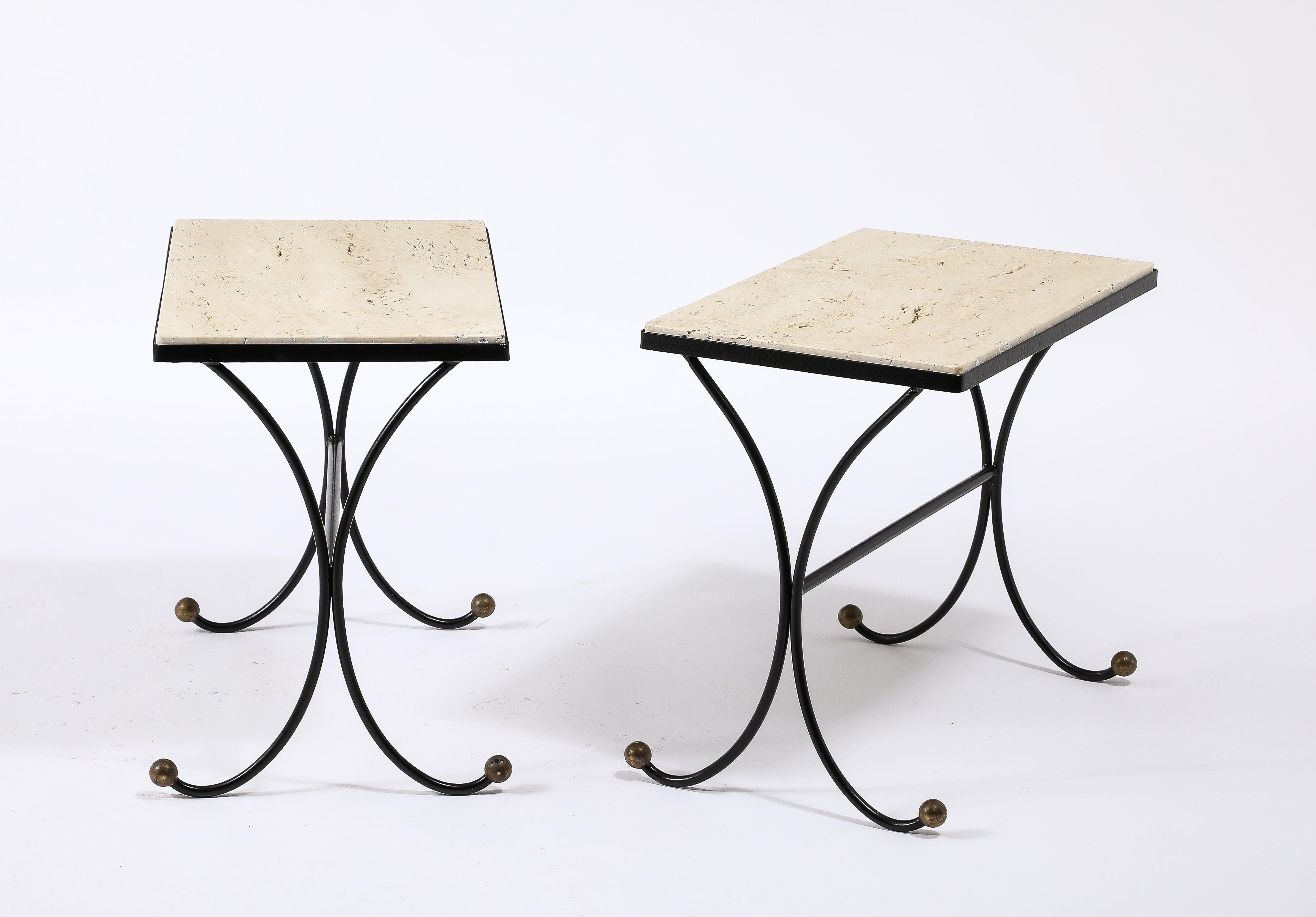 Jansen Travertine & Wrought Iron End Tables, France 1950's For Sale 4