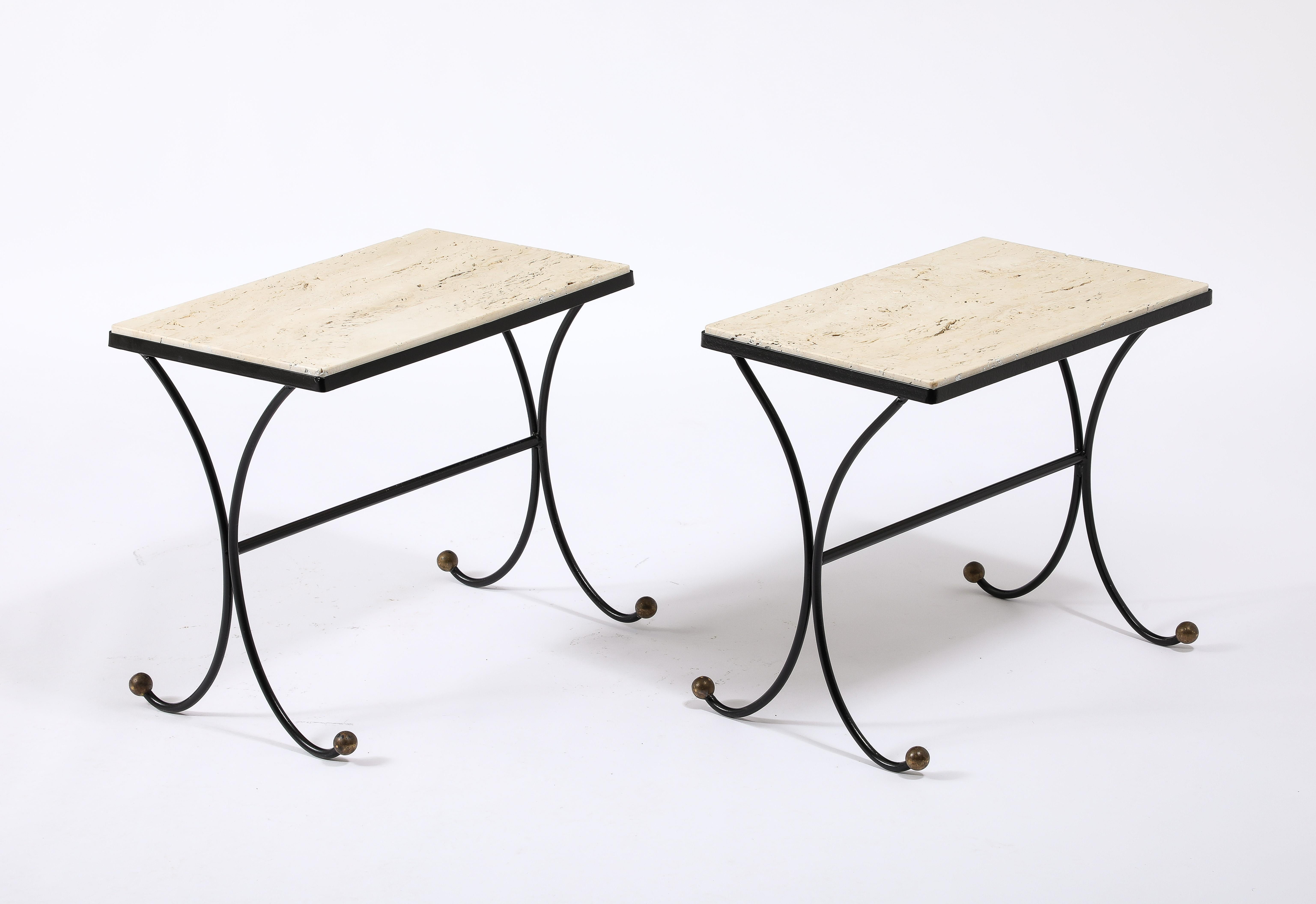 Jansen Travertine & Wrought Iron End Tables, France 1950's For Sale 5