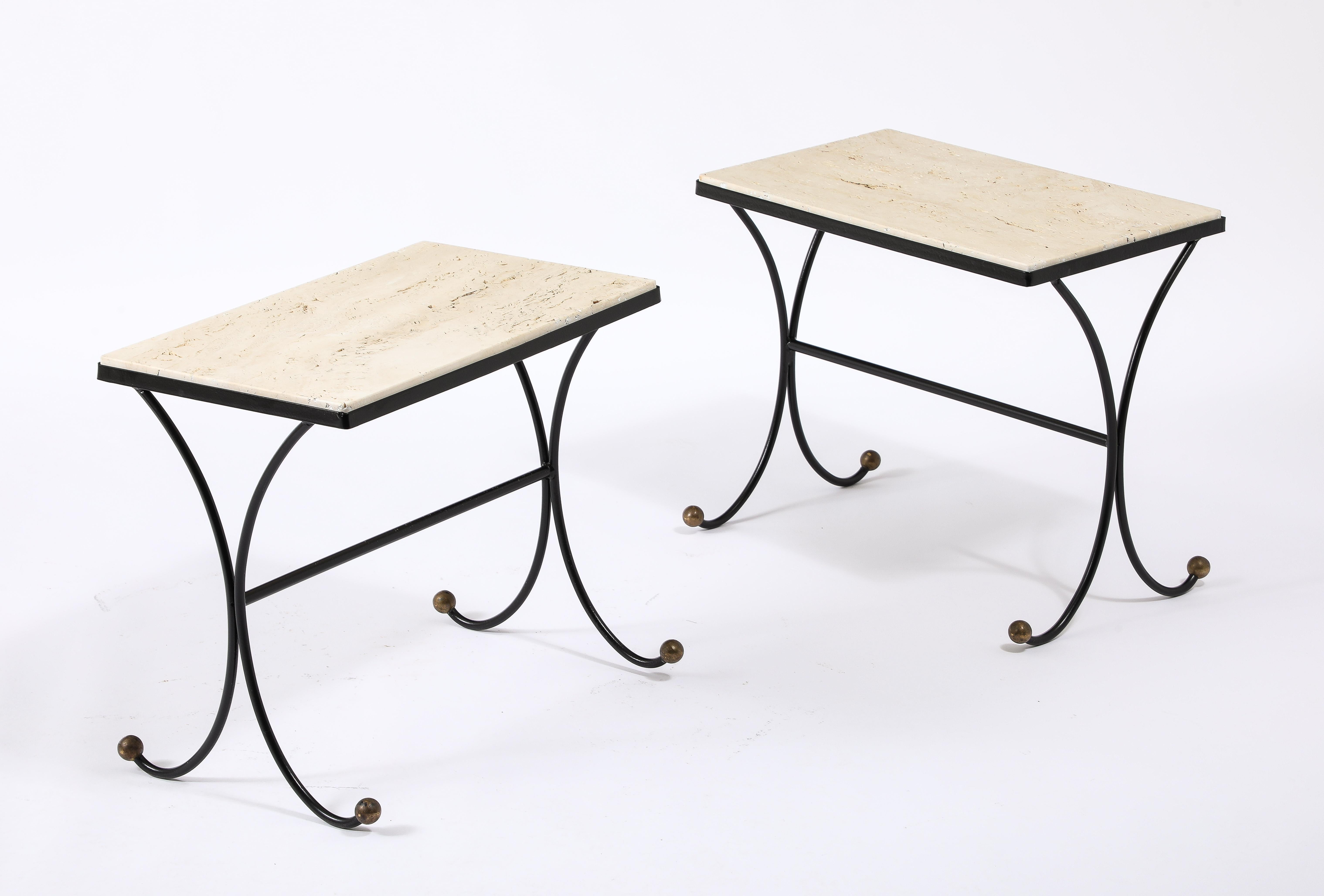 Jansen Travertine & Wrought Iron End Tables, France 1950's For Sale 8
