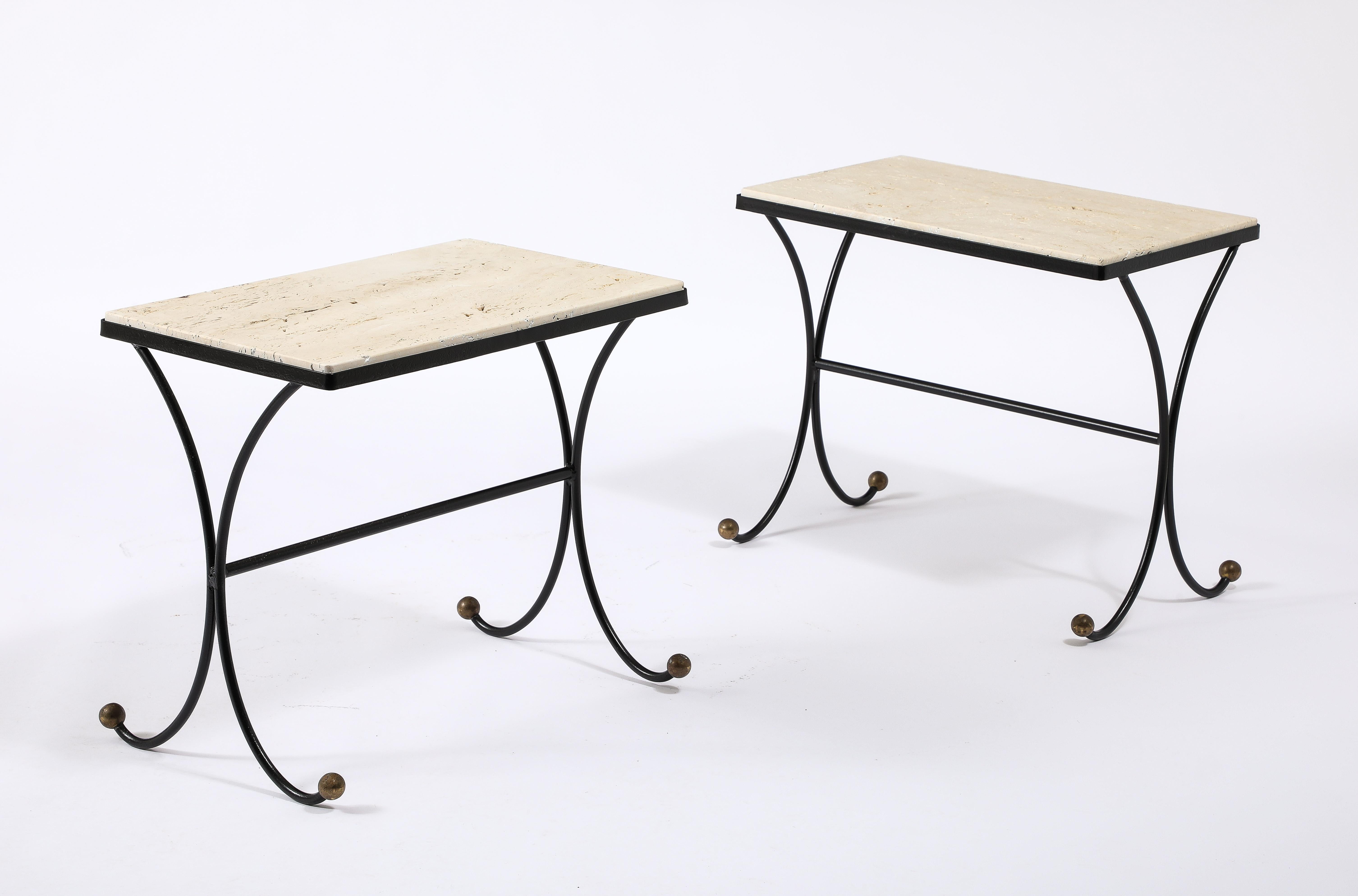Pair of elegant brass, wrought iron and travertine end tables.
