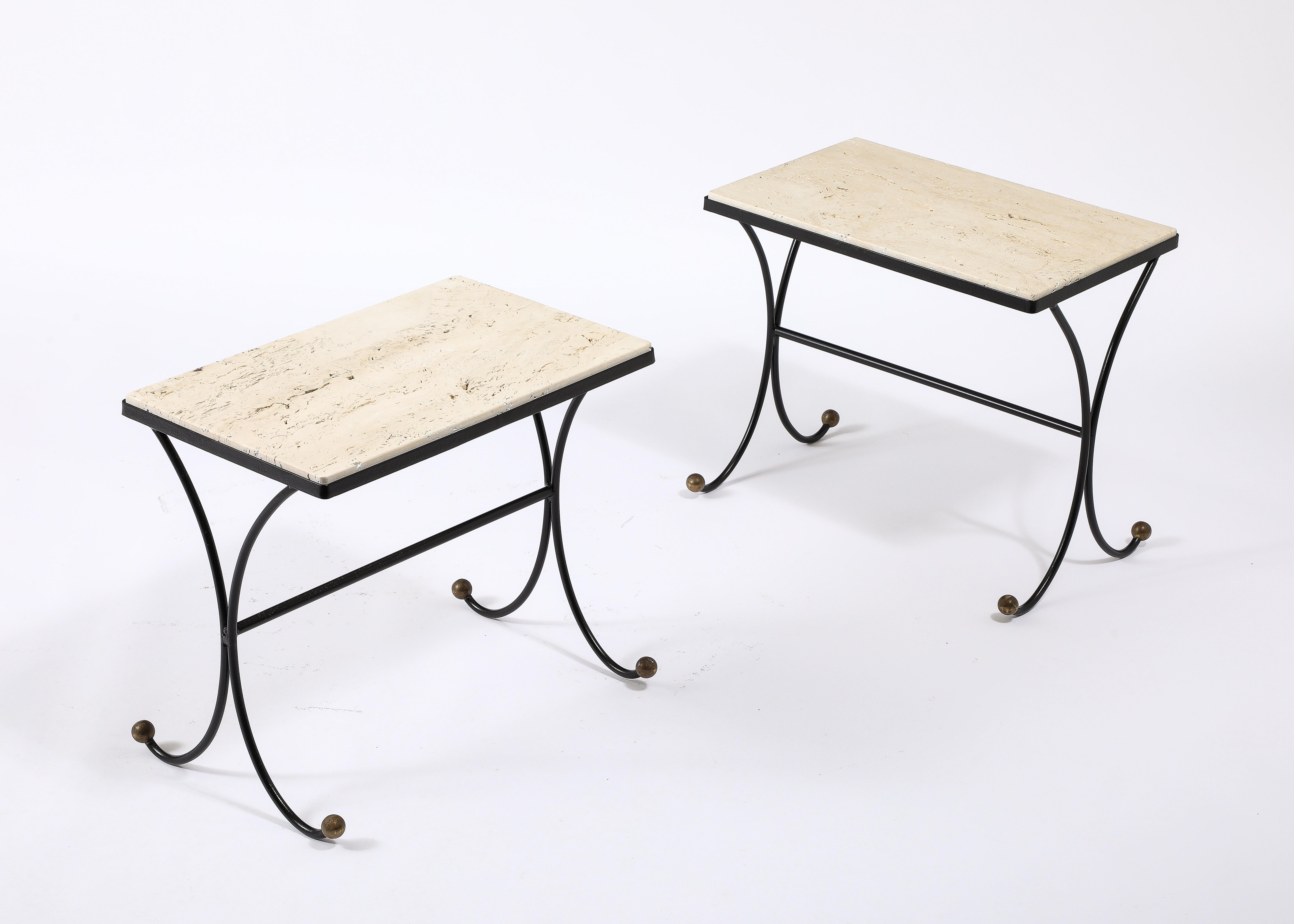 Art Deco Jansen Travertine & Wrought Iron End Tables, France 1950's For Sale