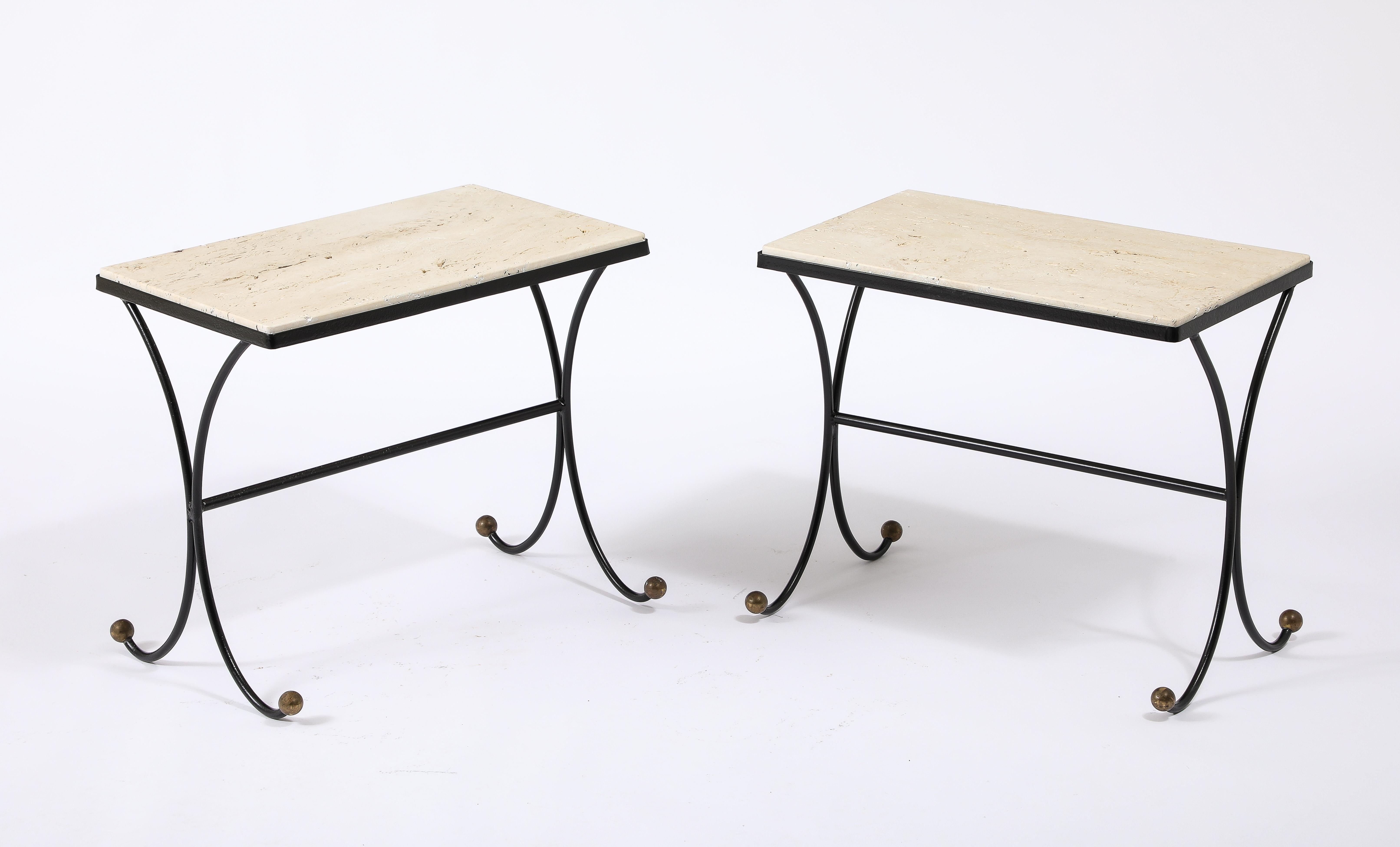 Jansen Travertine & Wrought Iron End Tables, France 1950's In Good Condition For Sale In New York, NY