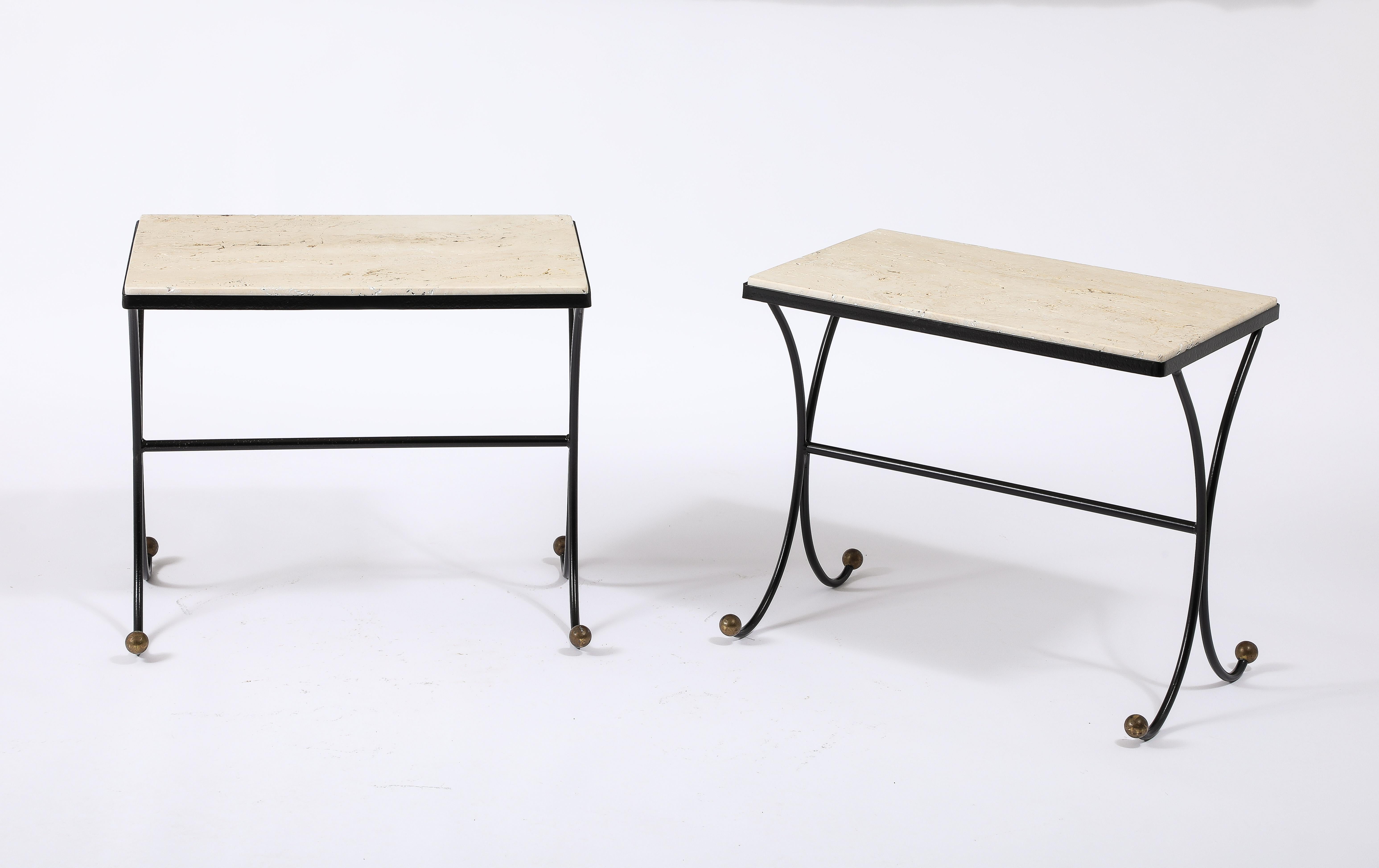 20th Century Jansen Travertine & Wrought Iron End Tables, France 1950's For Sale