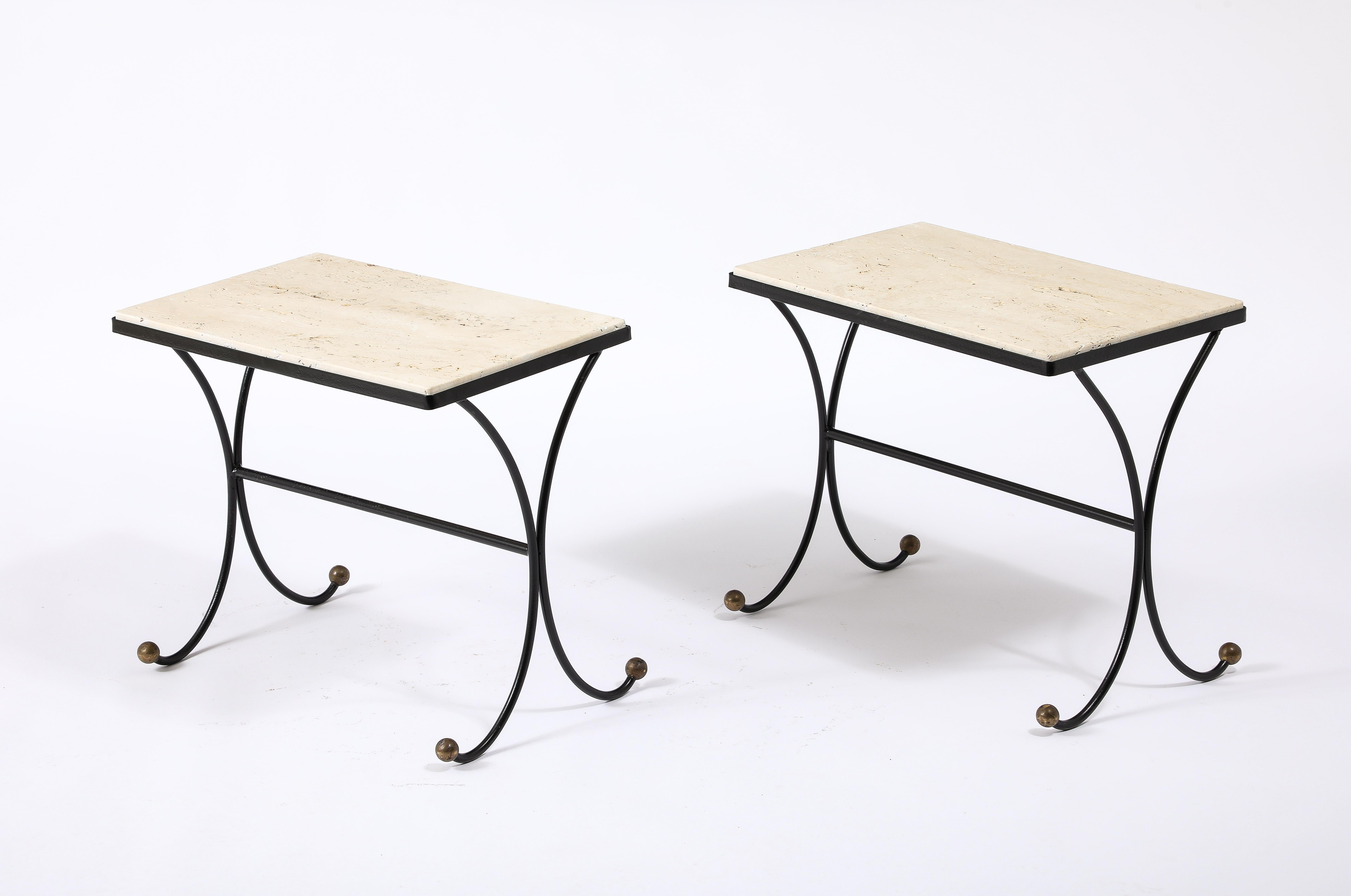 Brass Jansen Travertine & Wrought Iron End Tables, France 1950's For Sale