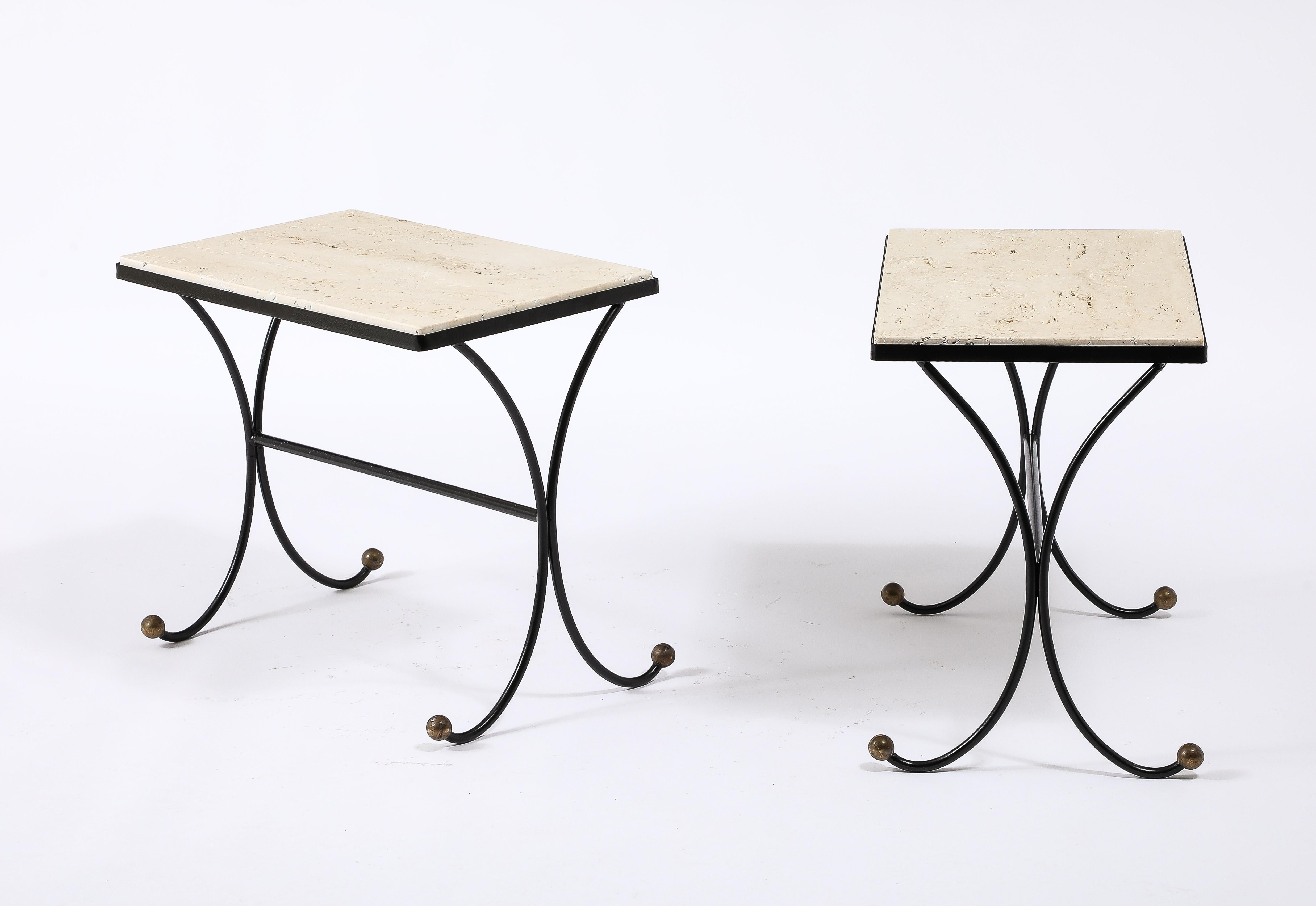 Jansen Travertine & Wrought Iron End Tables, France 1950's For Sale 1