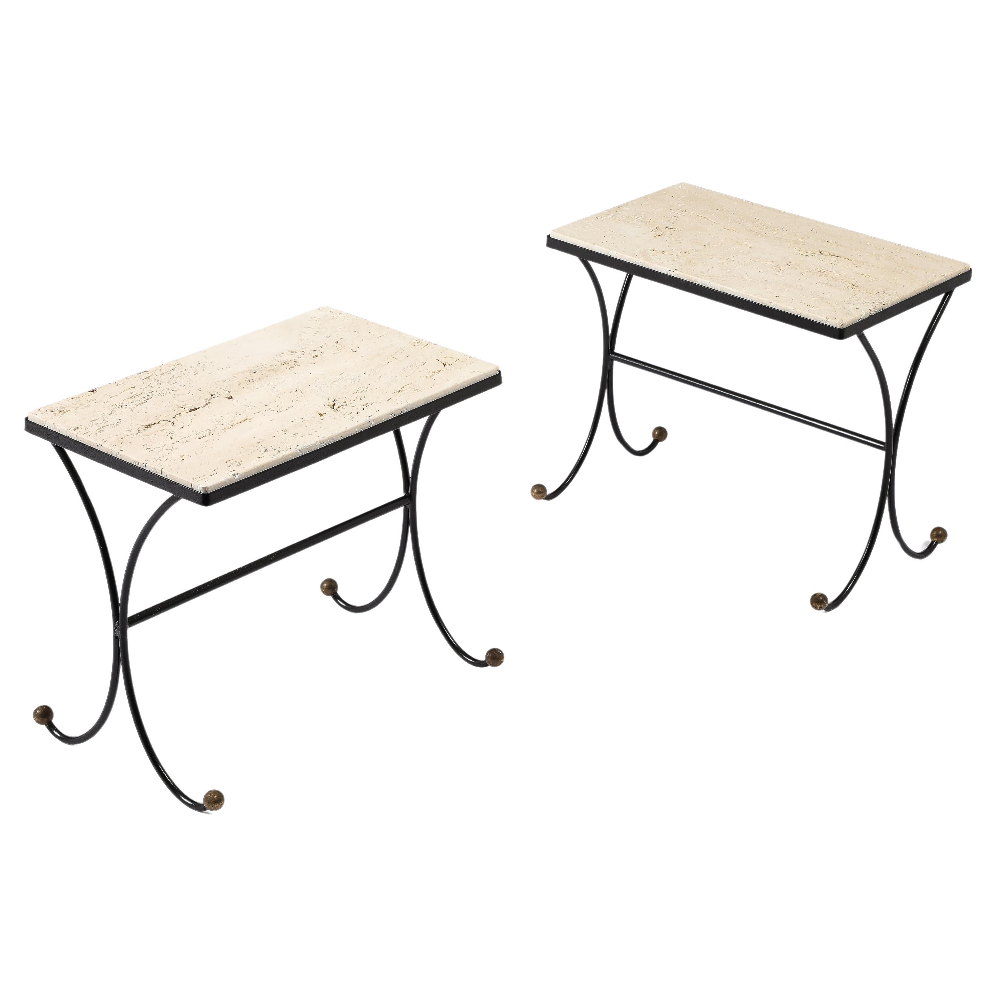 Jansen Travertine & Wrought Iron End Tables, France 1950's For Sale
