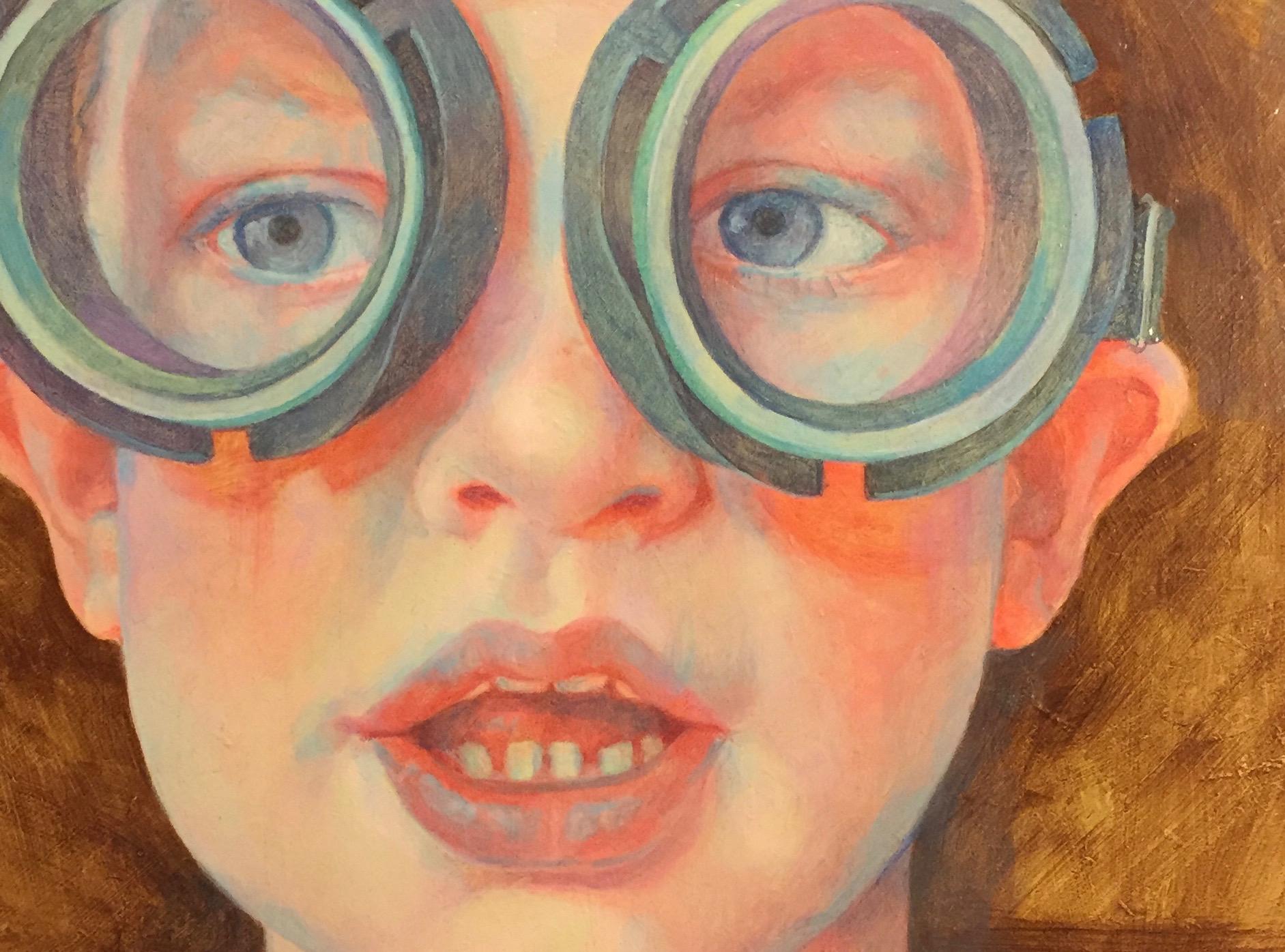 Diving Glasses I- 21st Century Contemporary Portrait Painting of a Boy - Brown Figurative Painting by Jantina Peperkamp
