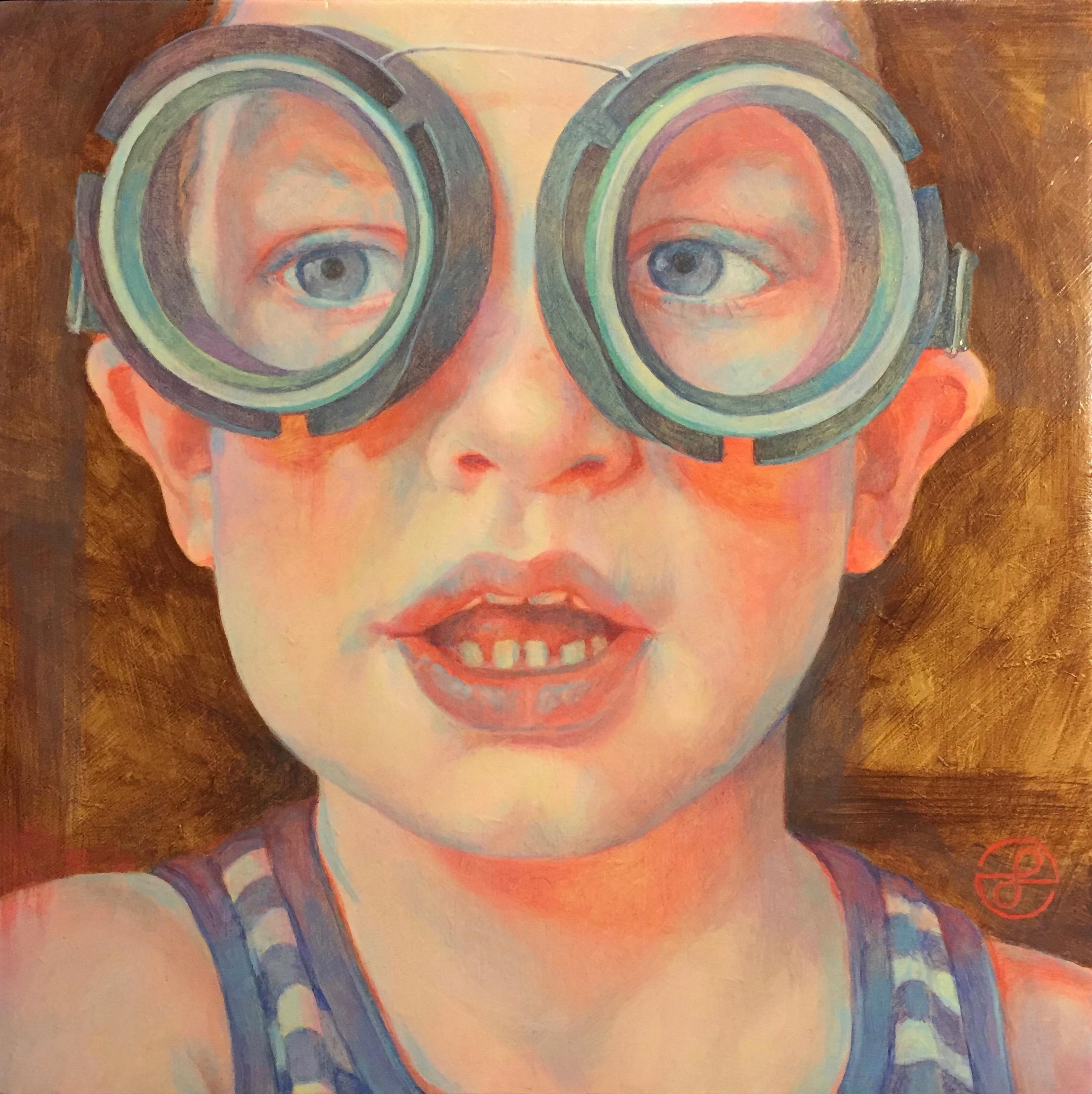 Jantina Peperkamp Figurative Painting - Diving Glasses I- 21st Century Contemporary Portrait Painting of a Boy