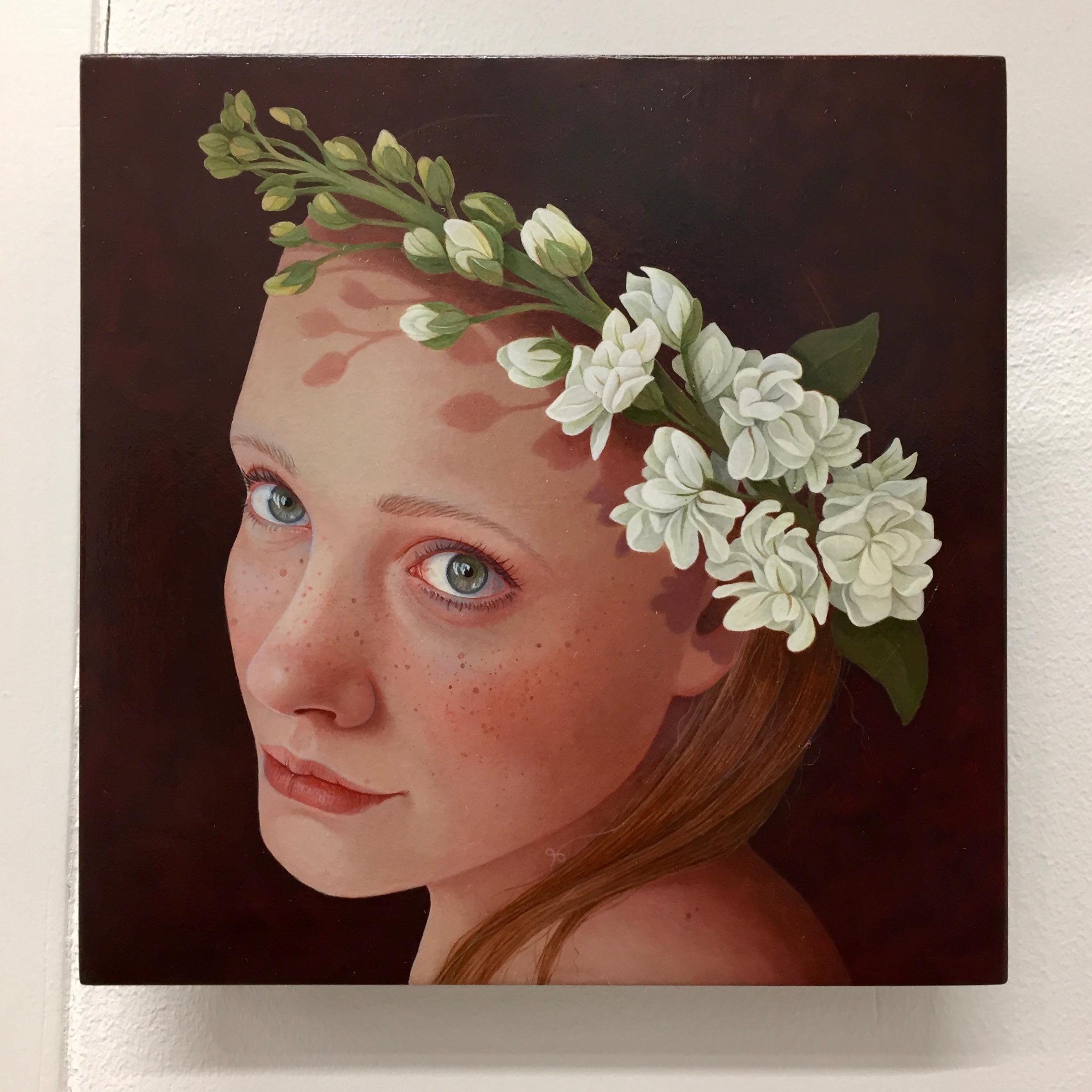 Phoebe - 21st Cenury Contemporary Portrait of a Girl with flowers in her hair - Painting by Jantina Peperkamp