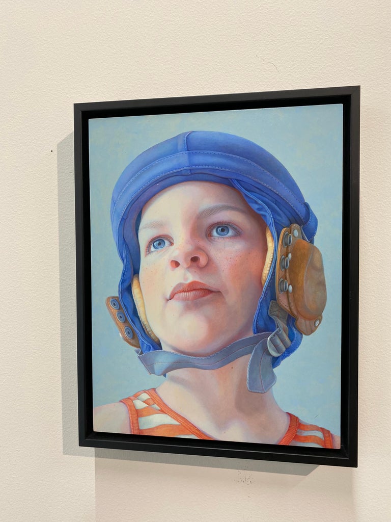 Little Hero- 21st Century Contemporary Portrait of a Young Boy with Pilote Cap. - Gray Portrait Painting by Jantina Peperkamp