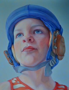 Little Hero- 21st Century Contemporary Portrait of a Young Boy with Pilote Cap.