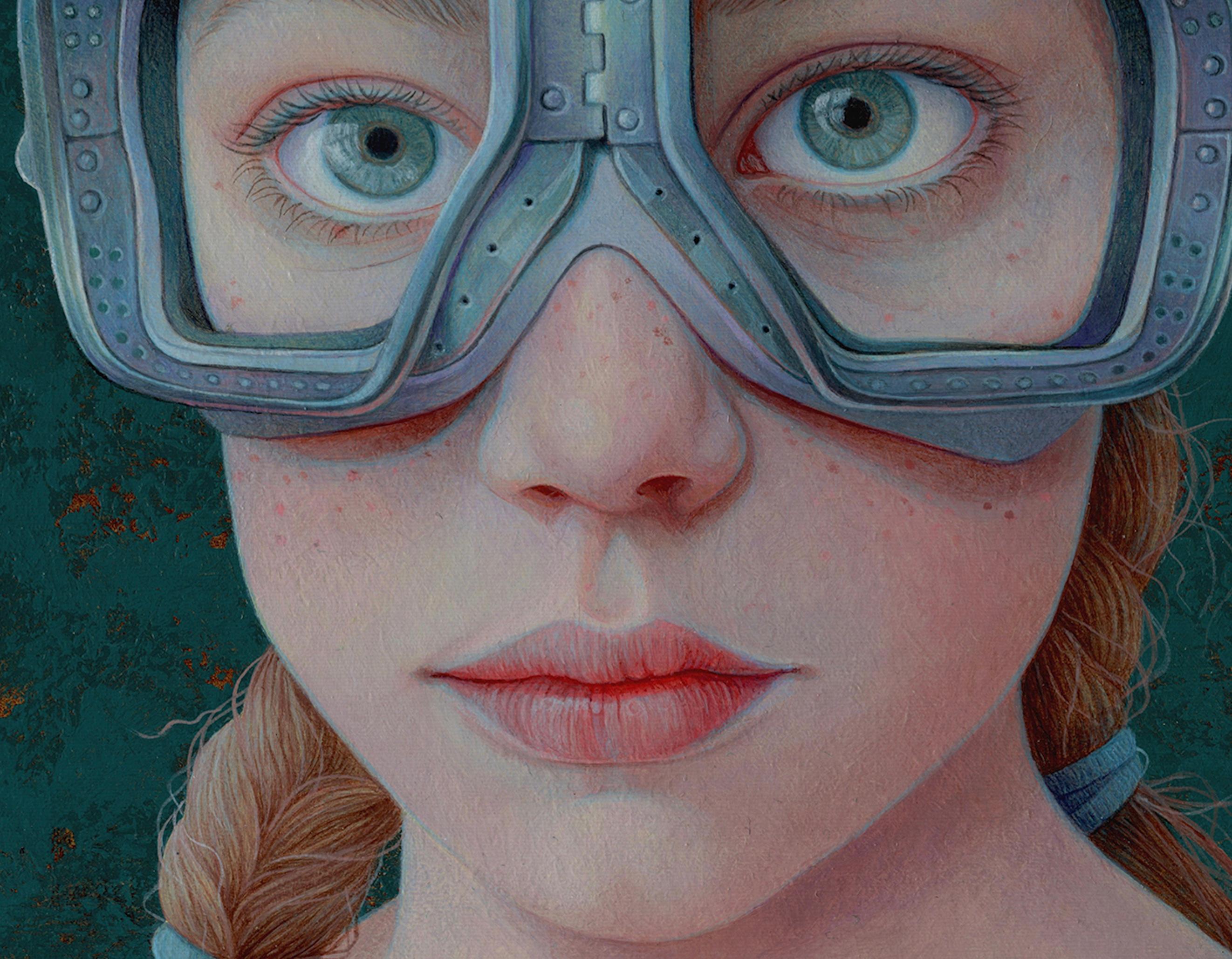 Yelena- 21st- Century Contemporary Portrait of a girl with red had and goggles - Painting by Jantina Peperkamp