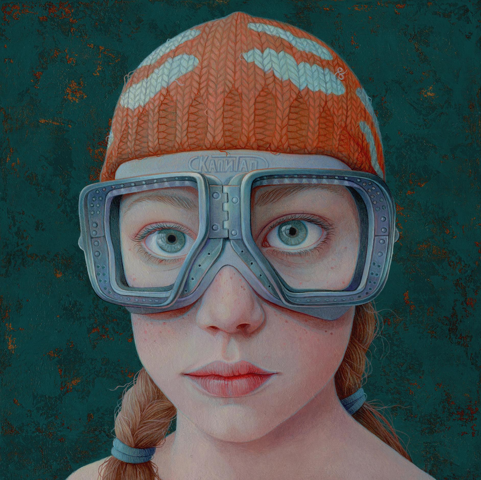 Jantina Peperkamp Portrait Painting - Yelena- 21st- Century Contemporary Portrait of a girl with red had and goggles